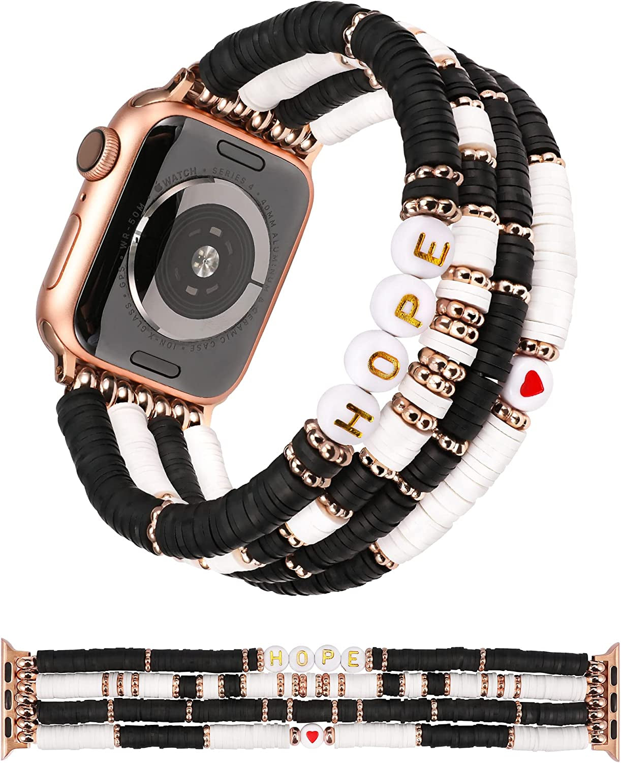 TOYOUTHS Heishi Beads Bracelet Compatible with Apple Watch Band Cute Stretch Girl Women Summer Beach Surfer Stackable Clay Preppy Jewelry Band for Iwatch 42/44/45Mm Series SE 7 6 5 4 3 2 1  TOYOUTHS Metal Style-Hope 41/40/38mm M (6.2" - 6.5" Wrist) 