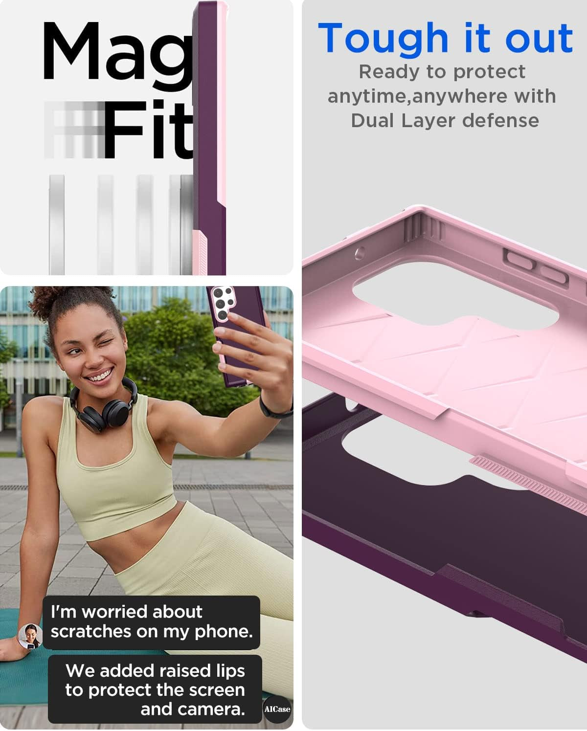 Aicase for Samsung Galaxy S23 Ultra Case,Heavy Duty Drop Protection Full Body Rugged Shockproof Military Protective Tough Durable Cover for Samsung Galaxy S23 Ultra 6.8"_Burgundy/Pink  AICase   