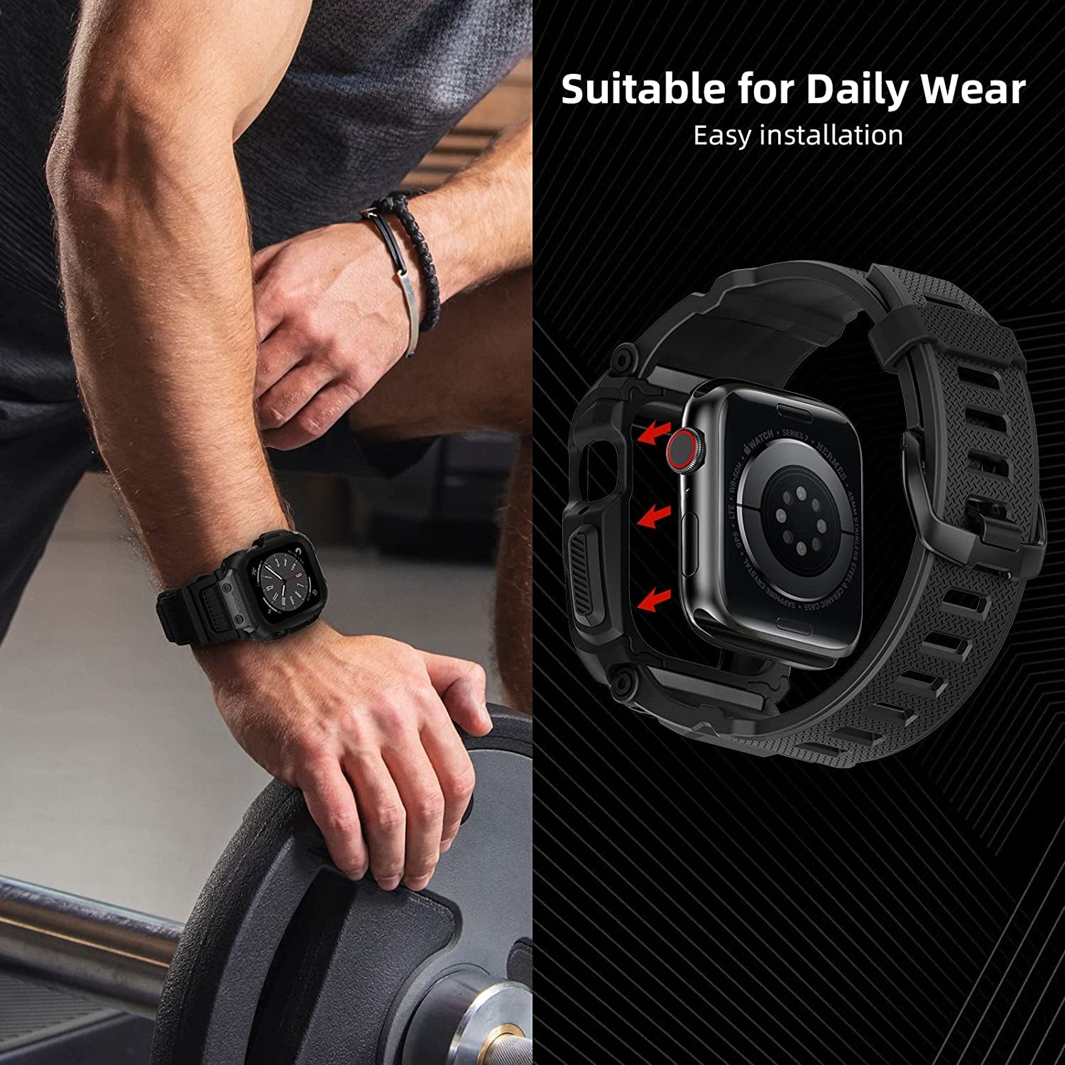 OUHENG Compatible with Apple Watch Band 45Mm 44Mm 42Mm with Case, Men Rugged Sport Military TPU with Metal Pieces Strap with Bumper Cover for Iwatch Series SE2 SE 8 7 6 5 4 3 2 1, Matte Black  OUHENG   