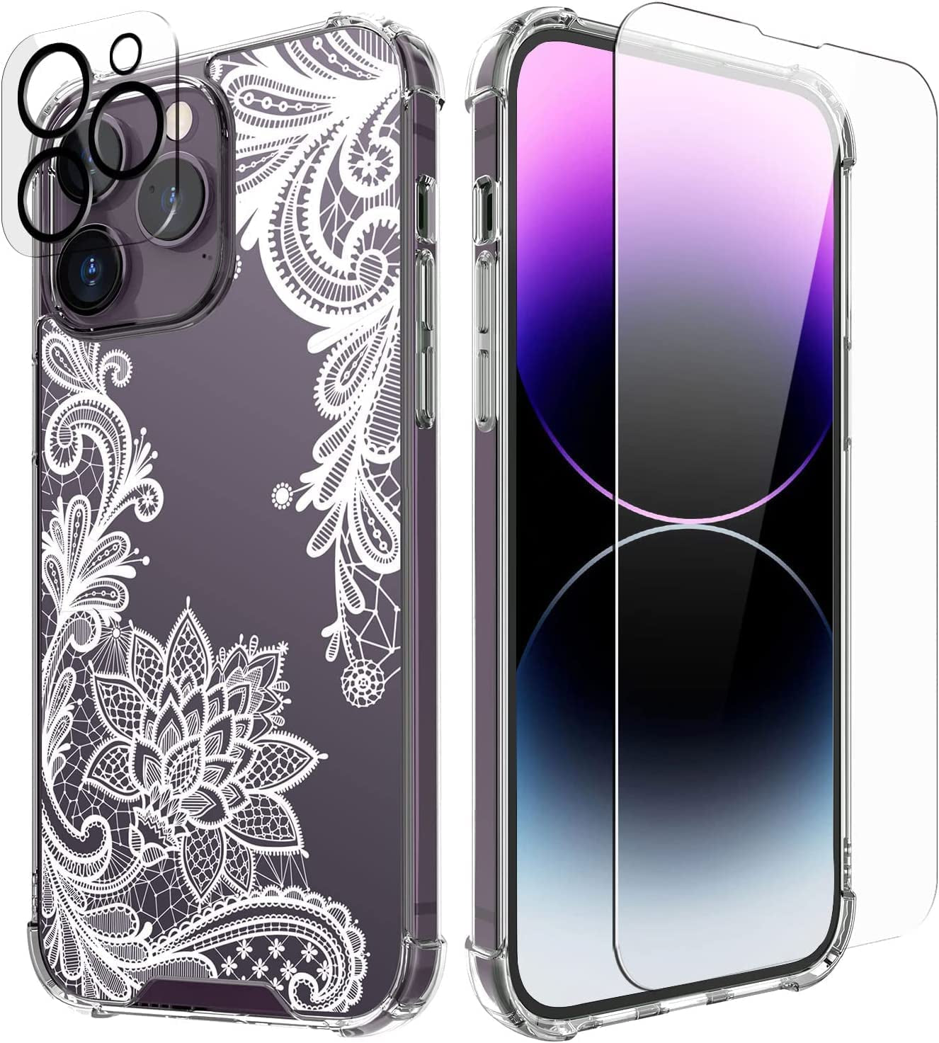 Cutebe [3 in 1 Crystal Phone Case for Iphone 13(2021)/Iphone 14(2022) 6.1", Cute Protective Cover with 9H Temper Glass Screen Protector + HD Temper Camera Lens Protector for Women, Girls  Cutebe iPhone 14 Pro Max-White Floral iPhone 14 Pro Max Case 6.7 Inch 