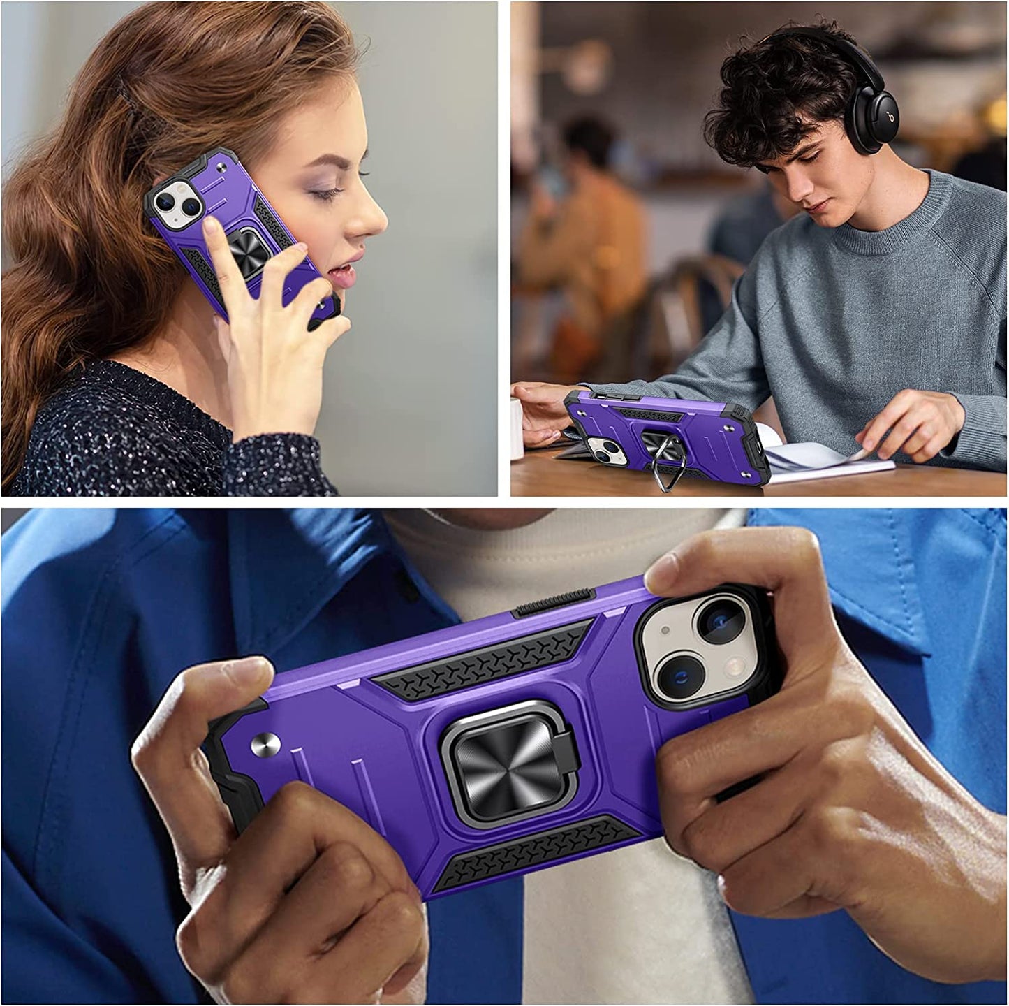 JAME for Iphone 14 Case with Screen Protector [2 PCS], Shockproof Bumper Case for Iphone 14 Case for Women & Men, Heavy-Duty Protection with Metal Ring Kickstand Case for Iphone 14, 6.1 Inch, Purple  XJXIN   