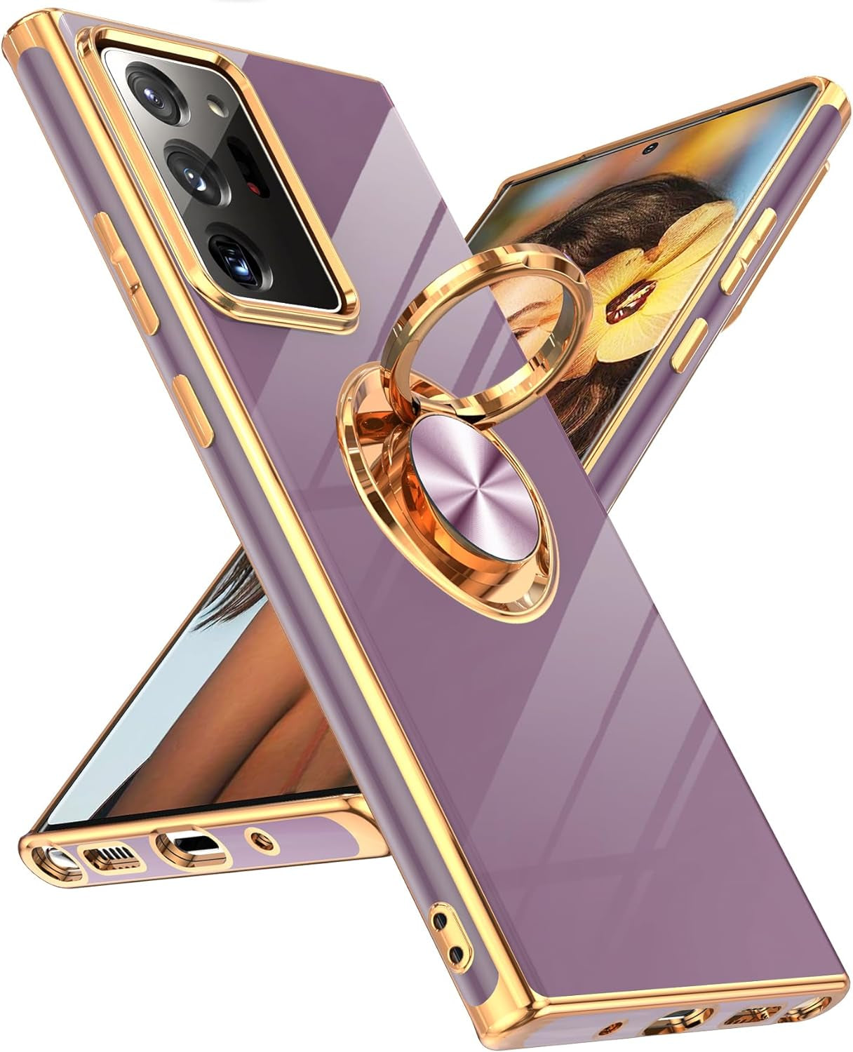 Leyi for Samsung Galaxy Note 20 Ultra Case: 360° Rotatable Ring Holder Magnetic Kickstand, Plating Rose Gold Edge Protective Samsung Galaxy Note 20 Ultra Case, Black  LeYi Purple  