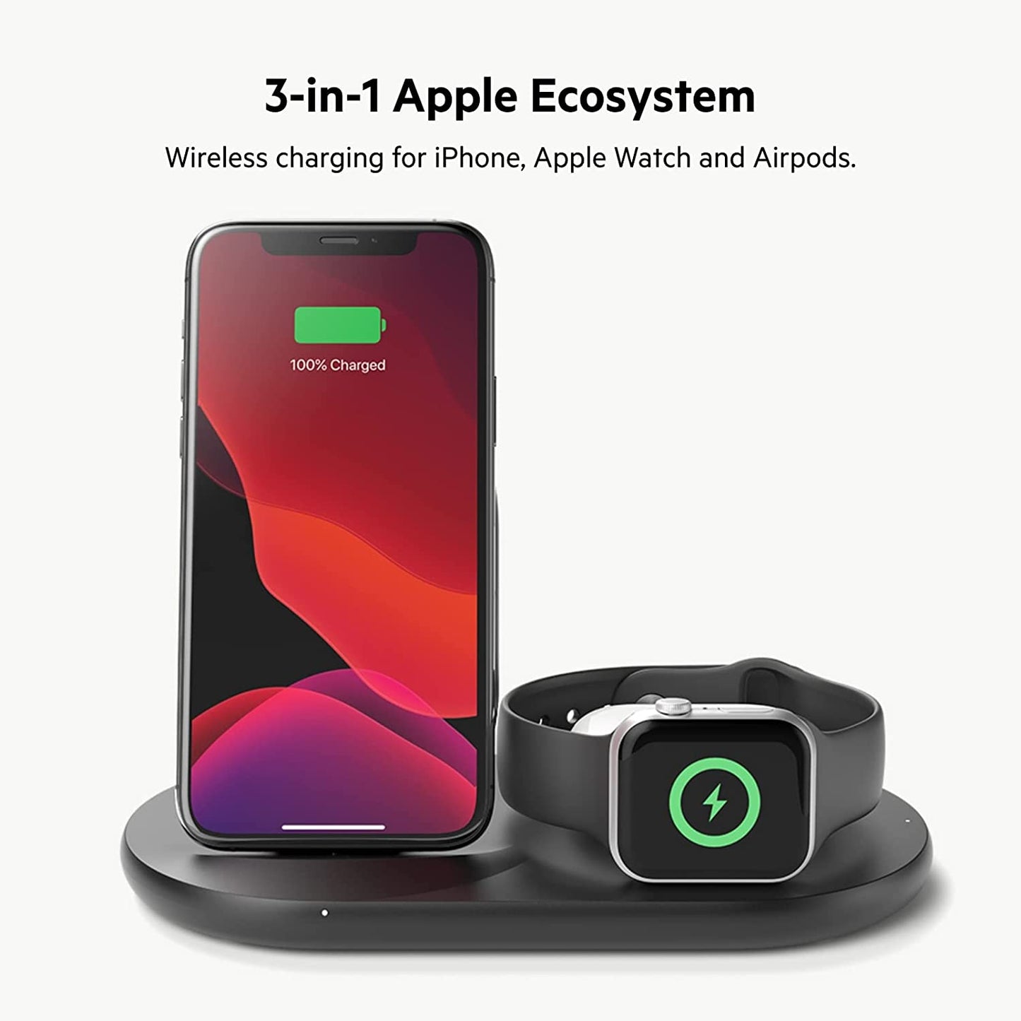 Belkin 3-In-1 Wireless Charger - Fast Wireless Charging Stand for Apple Iphone, Apple Watch & Airpods - Iphone Case Compatible Qi Charger - Wireless Charging Station for Multiple Devices - Black  Belkin   