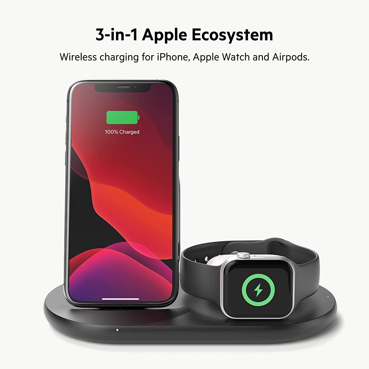 Belkin 3-In-1 Wireless Charger - Fast Wireless Charging Stand for Apple Iphone, Apple Watch & Airpods - Iphone Case Compatible Qi Charger - Wireless Charging Station for Multiple Devices - Black  Belkin   