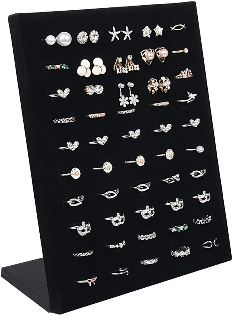 Homeanda Black Velvet L-Shaped 50 Slots Ring Earring Jewelry Display Tray Organizer Holder (L-Shaped 50 Slots-Black)  Homeanda   