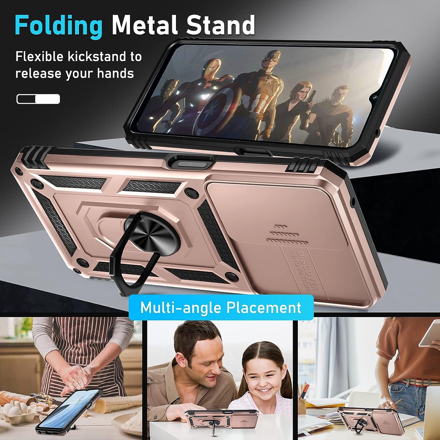 Oneplus Nord N300 5G Case Built in Slide Camera Lens Cover and Screen Protector,Heavy Duty Shockproof Full Body Protective Phone Cover,Built in Finger Ring Stable Holder Kickstand,2022 Rose Gold  Janmitta   