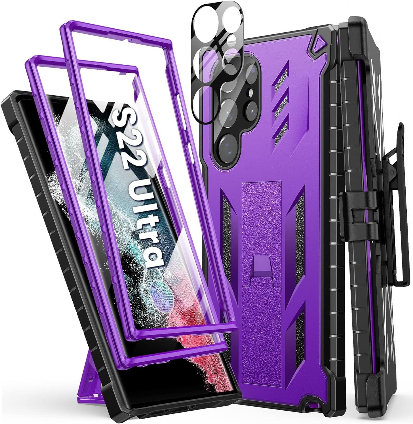 FNTCASE for Samsung Galaxy S22 Ultra Case: Built-In Screen Protector & Kickstand & Belt-Clip Holster, Extra Front Frame Full-Body Dual Layer Rugged Heavy Duty Shockproof Protective Phone Cover-Orange  FNTCASE Purple  