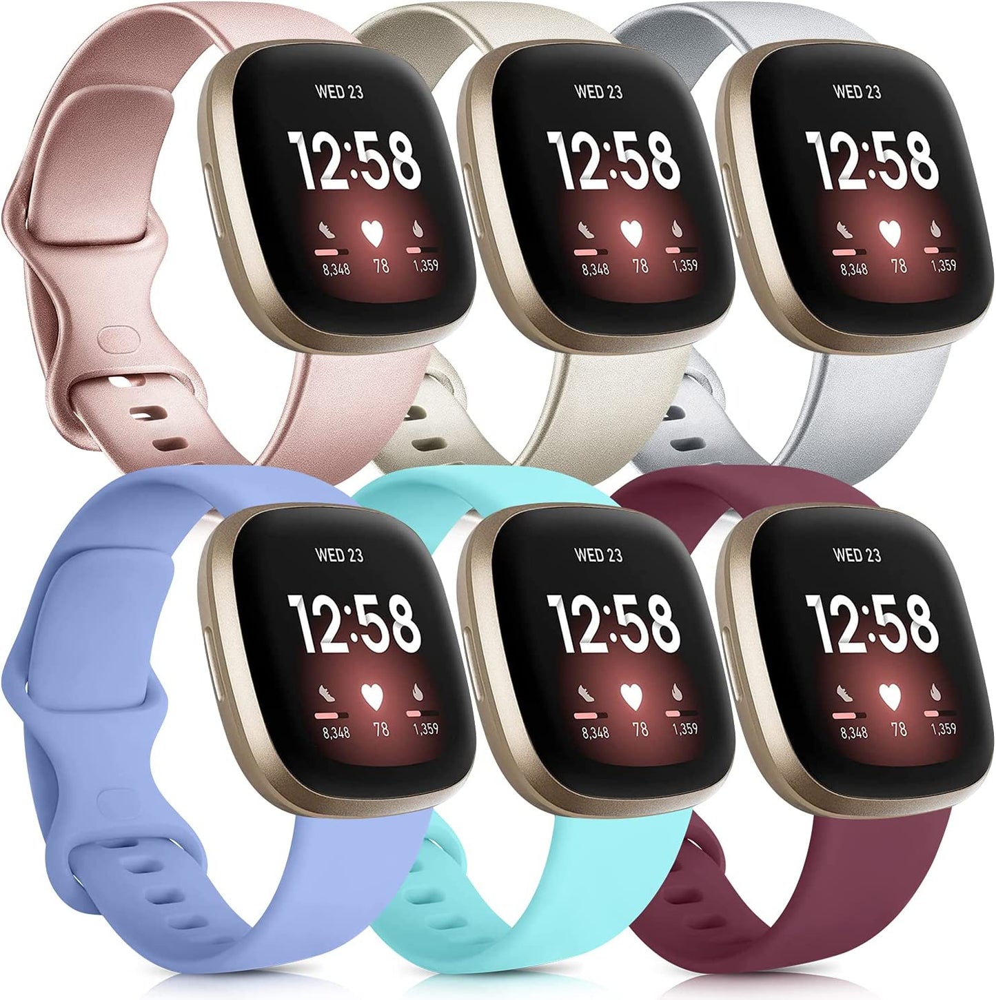 6 Pack Sport Bands Compatible with Fitbit Versa 3 Bands/Fitbit Sense Bands, Classic Soft Silicone Replacement Wristbands for Fitbit Versa 3 Smart Watch Women Men (Small, 6 Pack E)  Mugust #D Rose gold/Champagne gold/Silver/Lavender/Light Blue/Wine red Small 