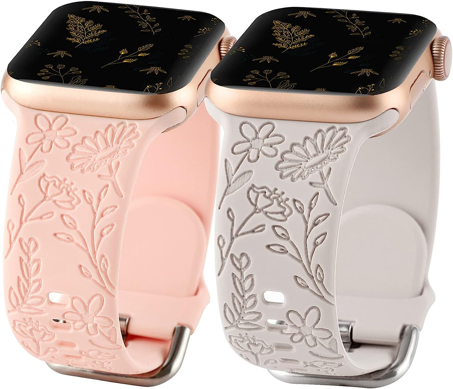 2 Pack Flower Engraved Sport Strap Compatible with Apple Watch Bands 38Mm 40Mm 41Mm, Women Floral Laser Soft Silicone Wristband Replacement Iwatch Series 8 7 6 5 4 3 2 1 SE  TERKOWQI Starlight Pink 38/40/41mm 