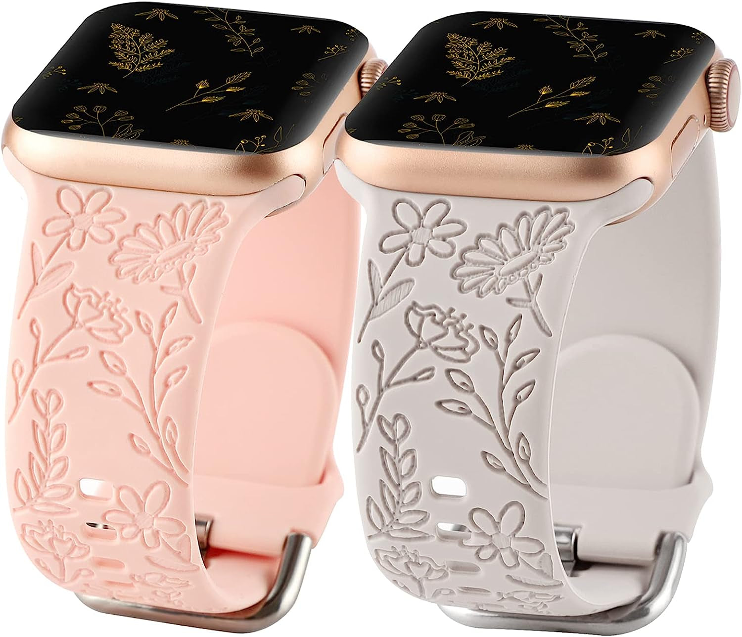 2 Pack Flower Engraved Sport Strap Compatible with Apple Watch Bands 38Mm 40Mm 41Mm, Women Floral Laser Soft Silicone Wristband Replacement Iwatch Series 8 7 6 5 4 3 2 1 SE  TERKOWQI Starlight Pink 38/40/41mm 