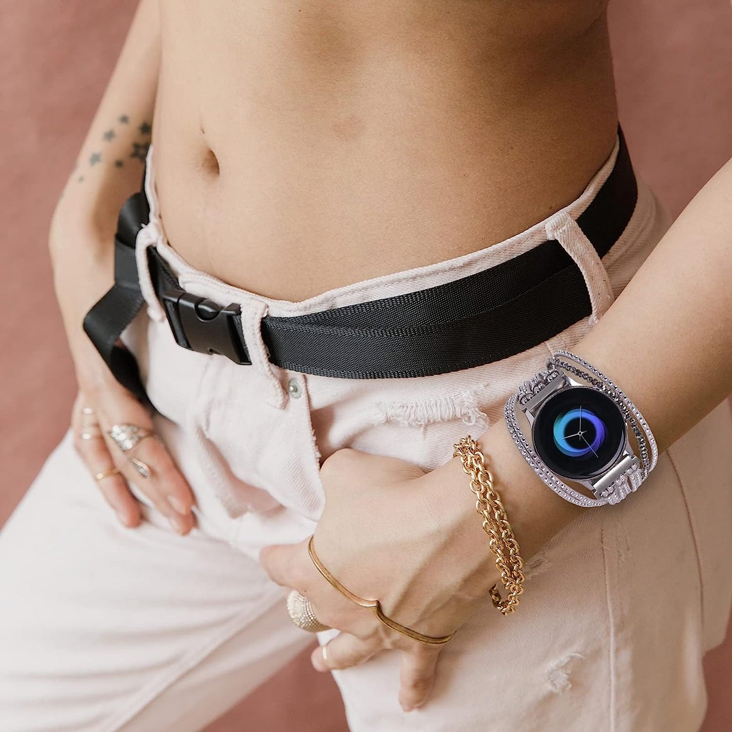 20Mm Bracelet Watch Band Compatible with Samsung Galaxy Watch 4 40Mm 44Mm/Watch 4 Classic 42Mm 46Mm/ Watch Active 2/Watch 3 41Mm/Garmin Vivoactive 3, 20Mm Glitter Leather Boho Bracelet Jewelry Multilayer Strap for Women  NEWLOTSE   