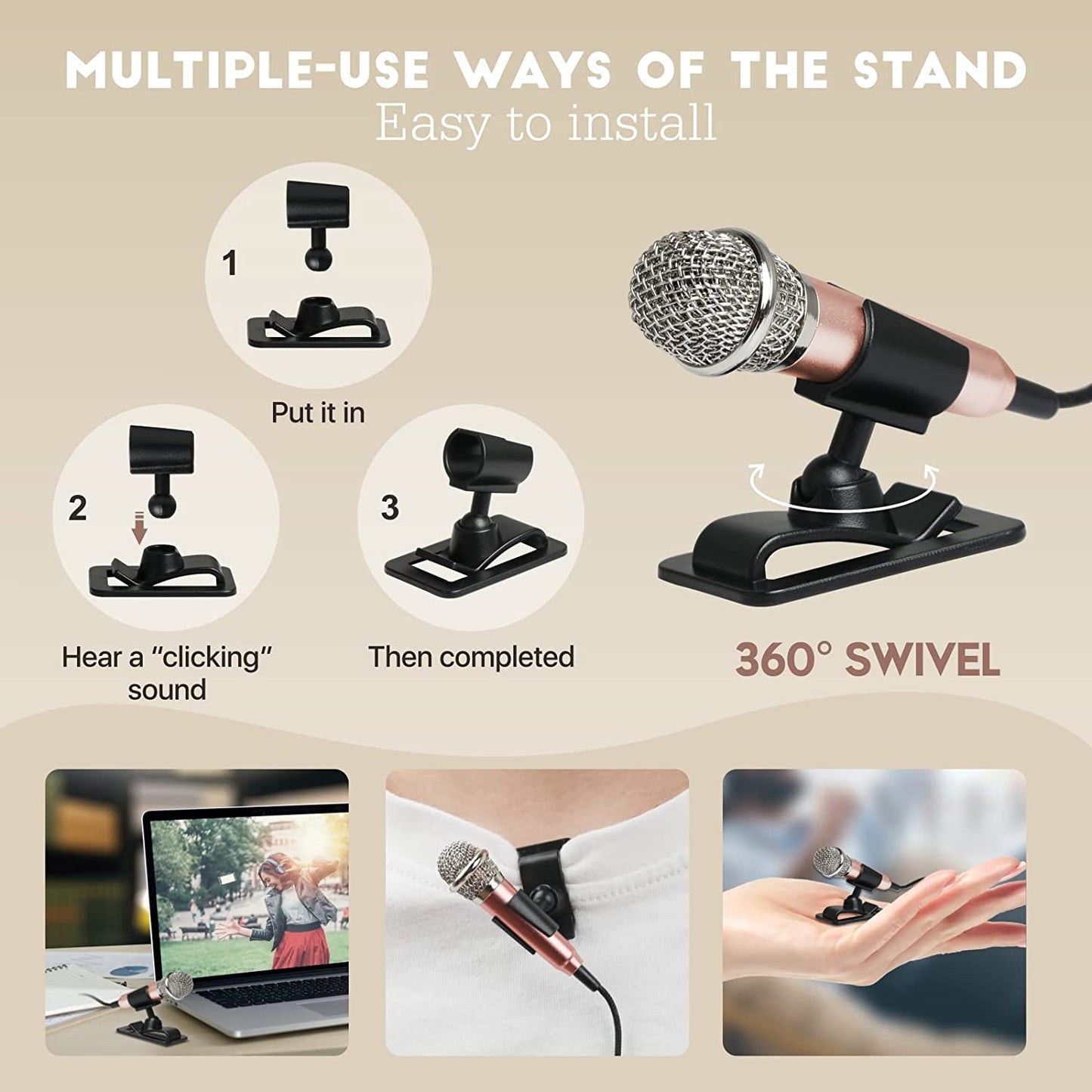 Mini Microphone, Wootrip Karaoke Tiny Microphone for Voice Recording Interview, Portable Small Singing Mic 3.5Mm Plug with Stand Suitable for Android Phone,Iphone,Ipad, Laptop (Rose Gold)  Wootrip   