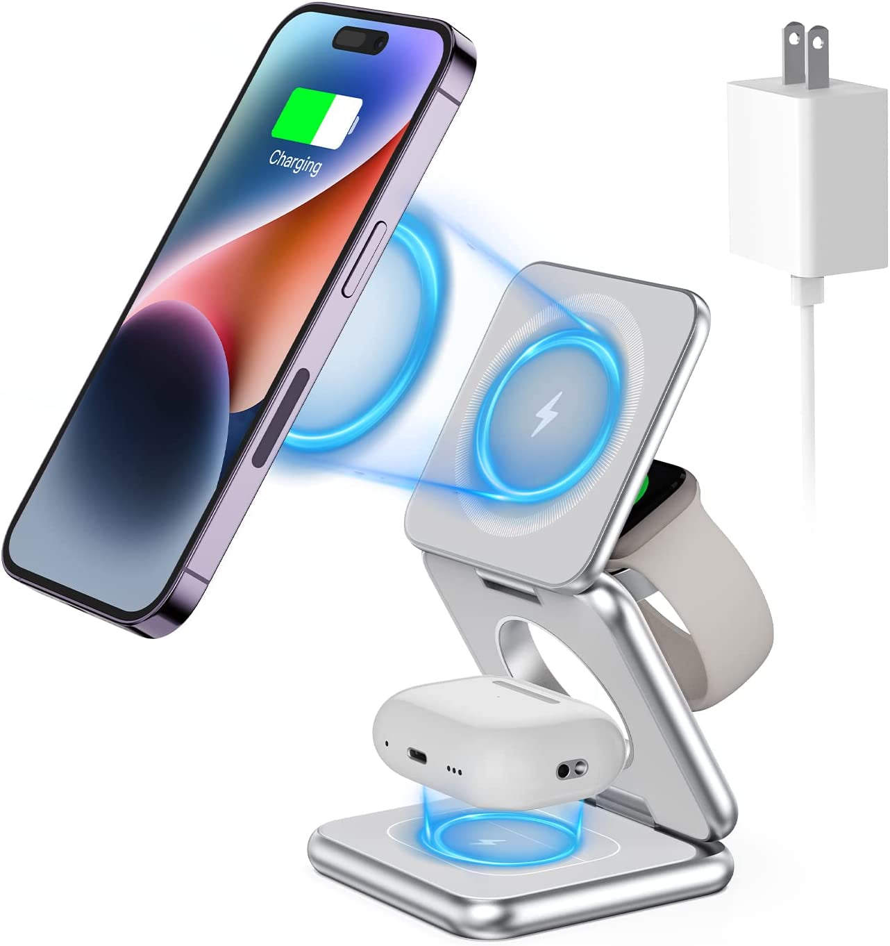 Foldable Magnetic Wireless Charger, Aluminum Alloy 3 in 1 Charging Station for Apple, KU XIU 15W Fast Mag-Safe Charger Stand for Iphone 14 13 12 Pro/Max/Plus, Airpods 3/2/Pro, Iwatch(Adapter Included)  Shenzhen Dipinle Technology Co., Ltd Silver  