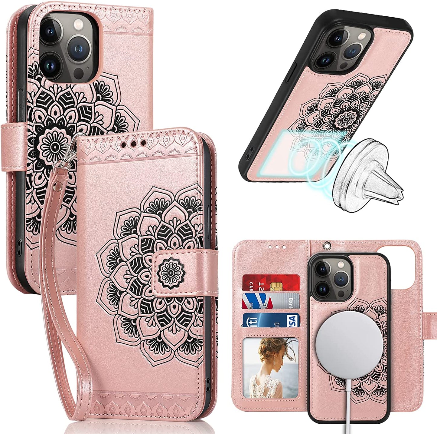 CASEOWL Iphone 14 Pro Max Wallet Case [Compatible with Magsafe Charger] Magnetic Detachable [RFID Blocking] Floral Pattern Flip Leather Lanyard Wallet Case with Card Holder,Strap for Women (Vintage)  CASEOWL Mandala # Rose Gold [for iPhone 14 Pro Max]  