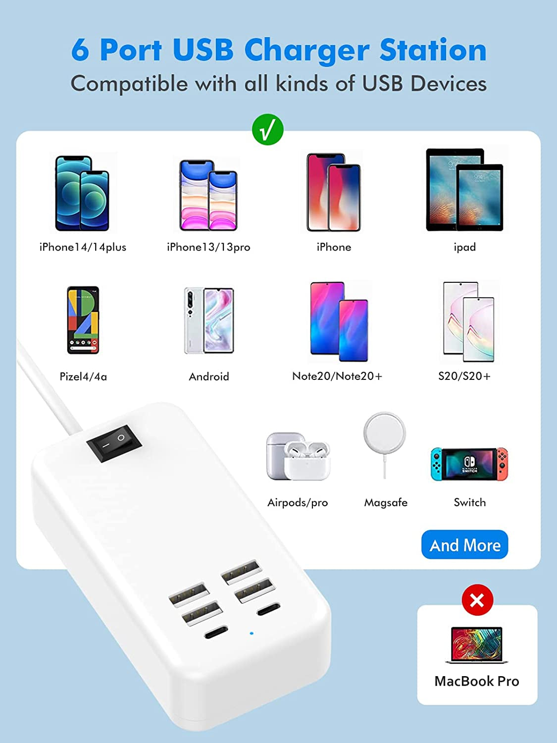 USB Charger, Flymic 6 Port USB Charger Station for Multiple Devices USB Power Strip USB C Charger Block USB Charging Hub for Iphone 14/13 Pro Max/13 Pro/13,Ipad Pro,Switch, Galaxy S21 (White)  Flymic   