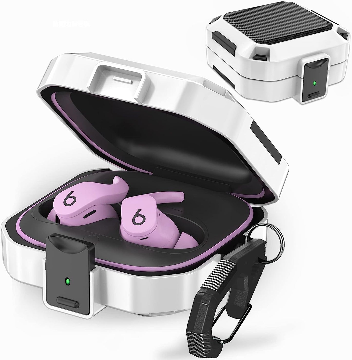Secure Lock Case for Beats Fit Pro 2021, Carbon Fiber Texture Beats Fit Pro Earbuds Case Cover with Anti-Lost Keychain/Storage Box/Cleaning Brush/Wrist Strap (Pinkish Purple)  Mooyavia White  