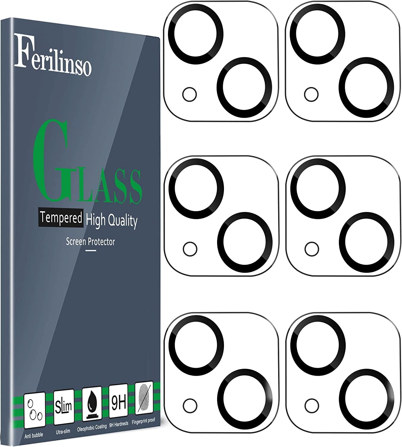 Ferilinso [6-In-1] for Apple Iphone 14 & 13 Screen Protector Accessories 3 Pack 9H Tempered Glass 2 Pack HD Camera Lens Protector Cover Protection Case Friendly Mounting Frame Protector De Pantalla  Ferilinso Transparent-2 iPhone 14 & 14 Plus & 13 & 13 Mini 