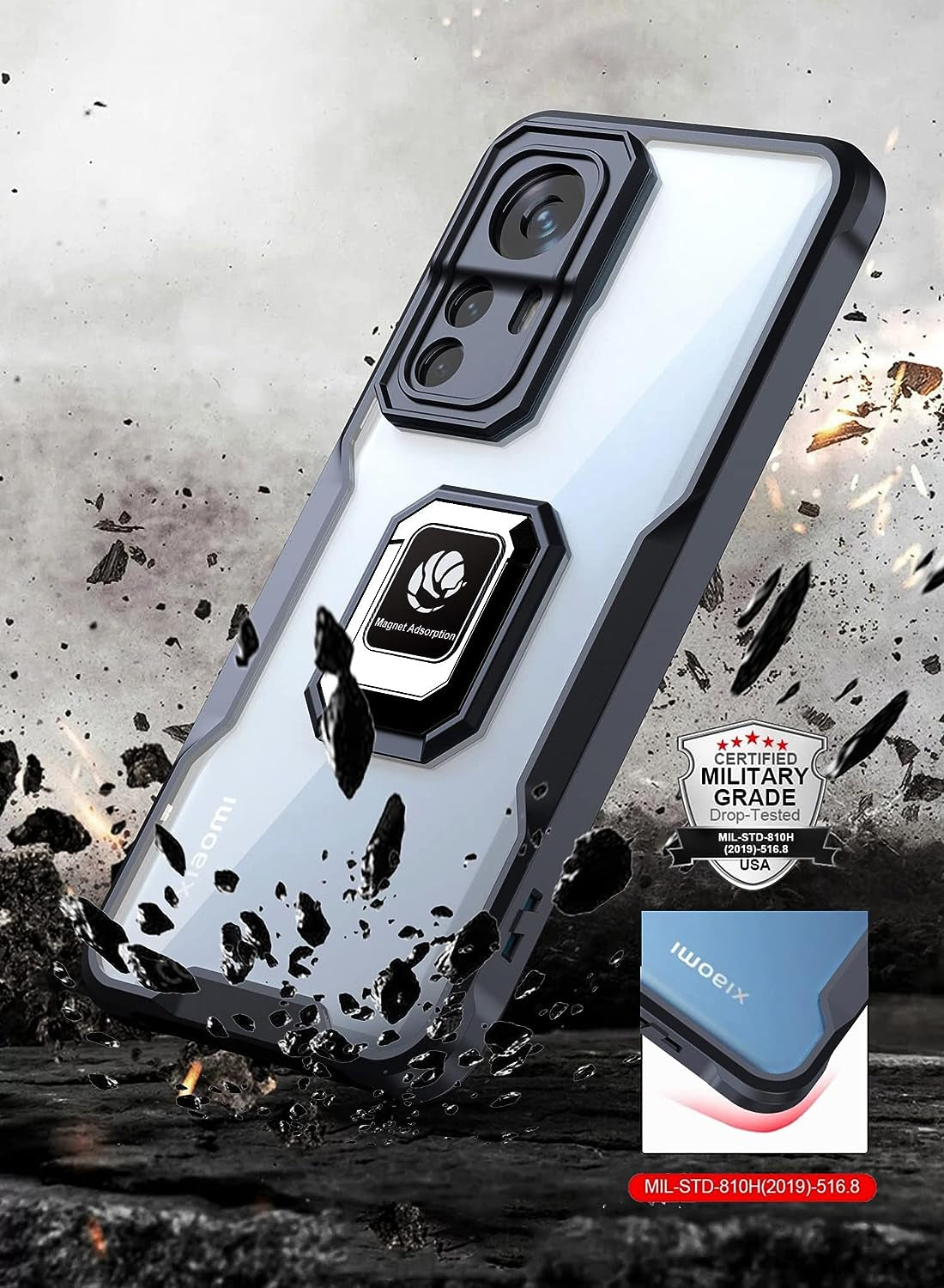 Case for Xiaomi Mi 12T/ Mi 12T Pro Case Dual Layer Shockproof Acrylic Cover with 360 Rotating Ring Kickstand for Magnetic Car Mount Clear Hard Back Cover Compatible with Xiaomi Mi 12T/ Mi 12T Pro (B)  hunmansaf   