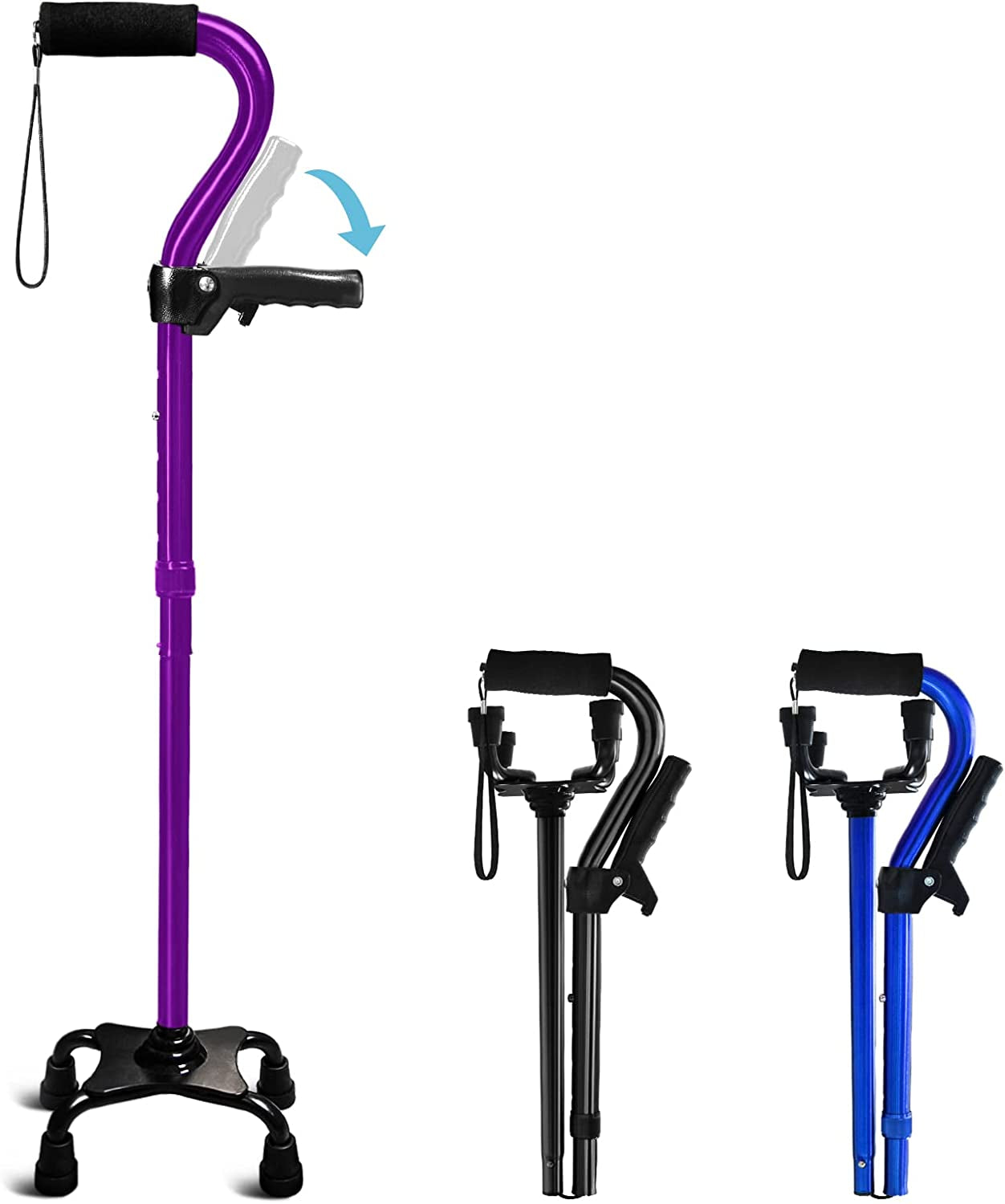Adjustable Walking Cane for Men & Women with 4-Pronged Base for Extra Stability - Foldable Cane for Seniors with Foam Padded Offset Handle for Soft Grip & a Second Handle for Standing Black  KingPavonini Purple  