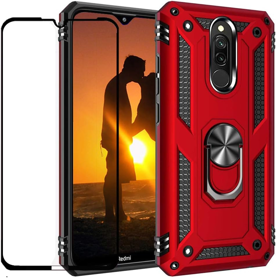Yahan for Xiaomi Redmi 8A / Redmi 8 Case,360 Degree Rotating Ring Kickstand Hybrid Heavy Duty Dual Layer Shockproof Defender Hard Back Case Cover with Tempered Glass Screen Protector,Black  YaHan Red  