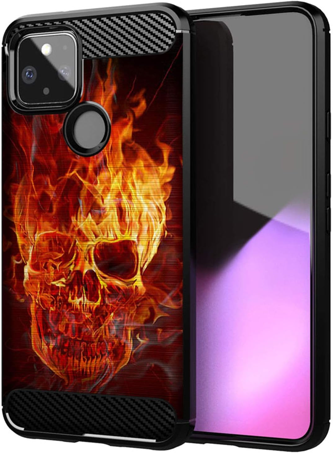 Casesondeck Slim Case Compatible with [Google Pixel 4A 5G (2020)] Thin Scratch Preventing TPU, Matte Finish Carbon Fiber Texture Edges (Mexican Skull)  CasesonDeck Fire Skull  