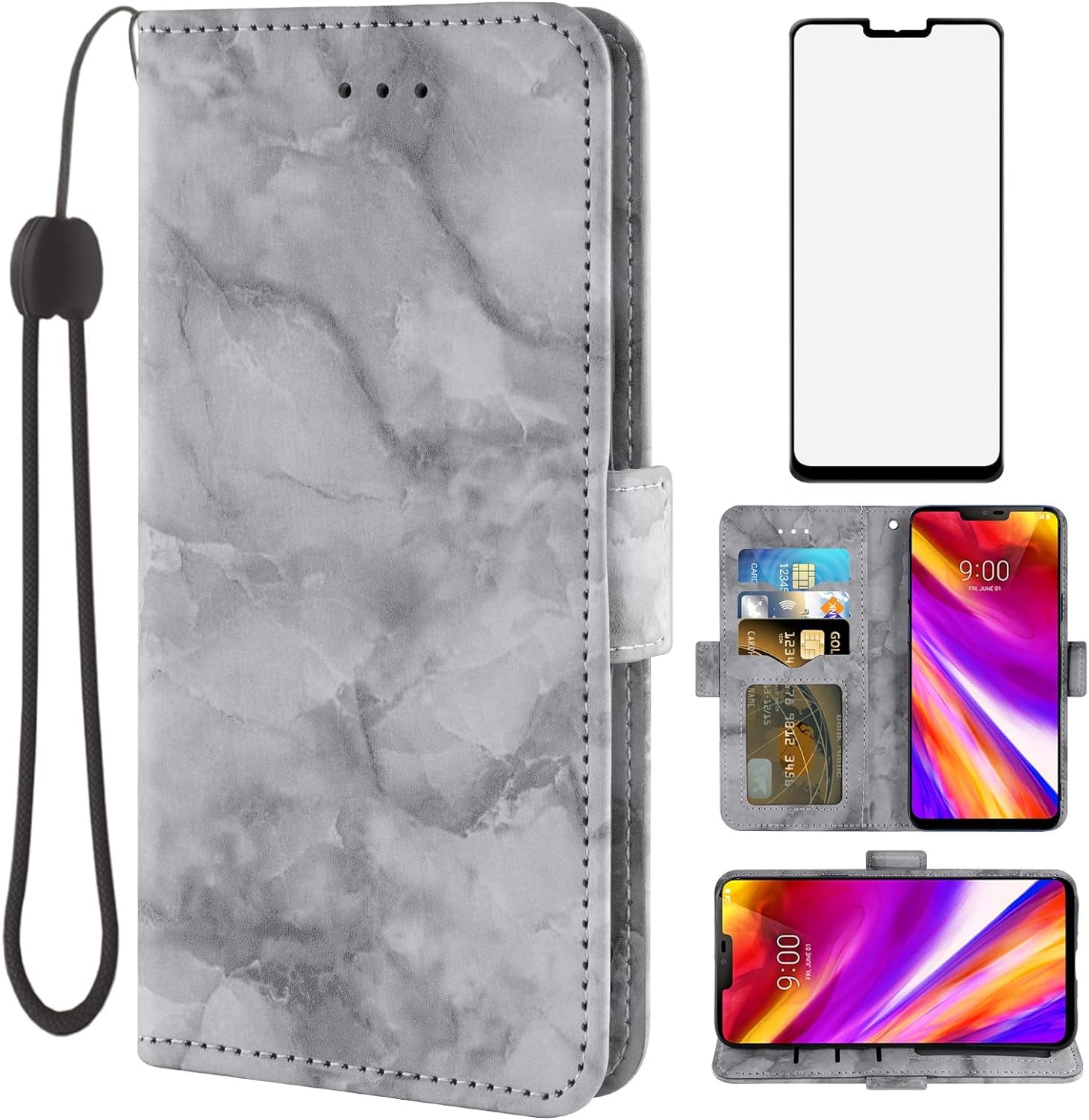 Asuwish Compatible with LG G7 Thinq Case and Tempered Glass Screen Protector Card Holder Kickstand Marble Wallet Phone Covers for LGG7 One G 7 plus LG7 Lg7Thinq 7G Thin Q G7+ G7Thinq Lgg7Thinq Purple  Asuwish Black  