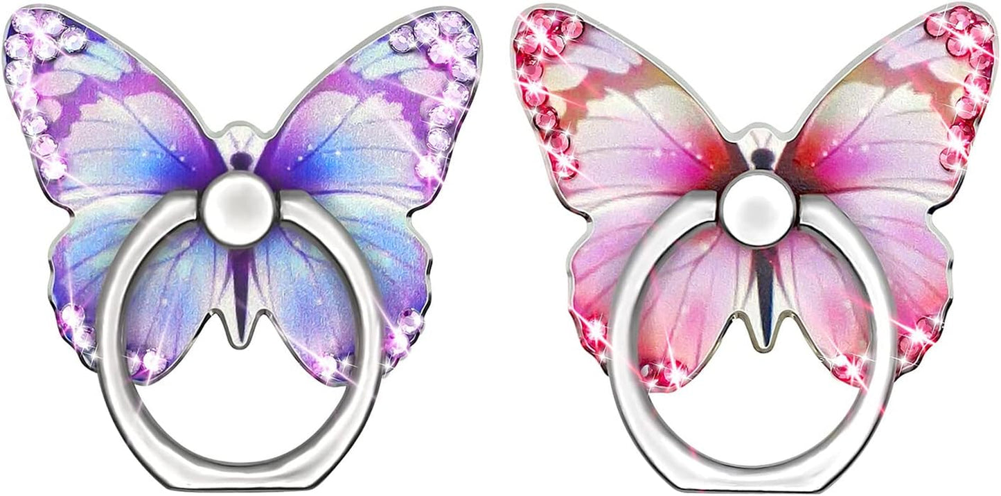 Bling Cute Butterfly Cell Phone Ring Holder with Crystal Rhinestone 360°Rotation Metal Finger Stand Kickstand Universal Compatible with Iphone Samsung Galaxy LG Google Ipad 2 Pack（Purple & Pink）  Walaivgne purple+rose red  