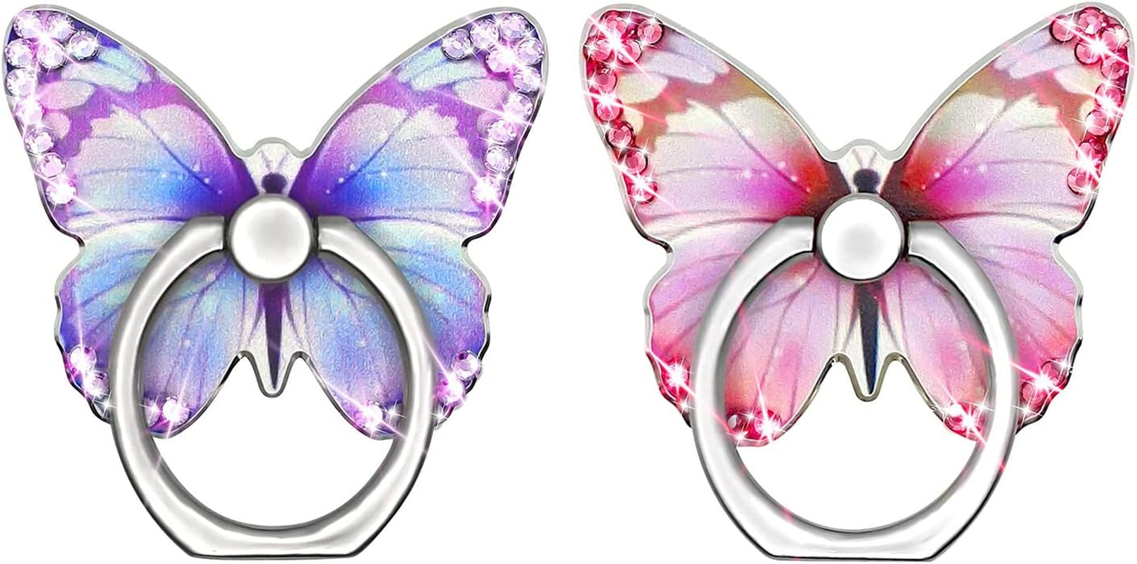 Bling Cute Butterfly Cell Phone Ring Holder with Crystal Rhinestone 360°Rotation Metal Finger Stand Kickstand Universal Compatible with Iphone Samsung Galaxy LG Google Ipad 2 Pack（Purple & Pink）  Walaivgne purple+rose red  