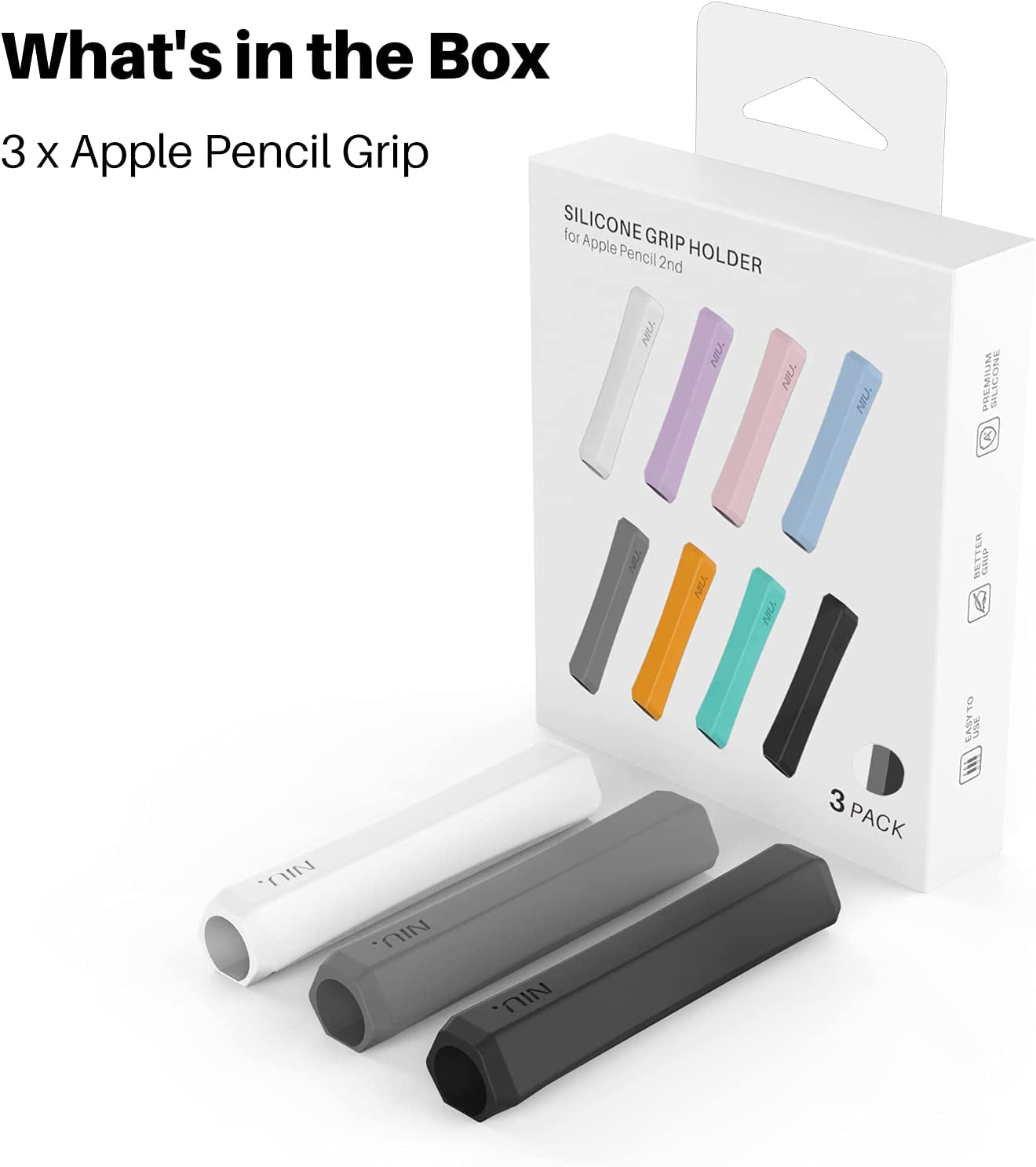 NIUTRENDZ 3 Pack Apple Pencil Grip Silicone Case Accessories Cover Ergonomic Design Sleeve Compatible with Magnetic Charging and Double Tap (Apple Pencil 2Nd Generation, White + Grey + Black)  NIUTRENDZ   