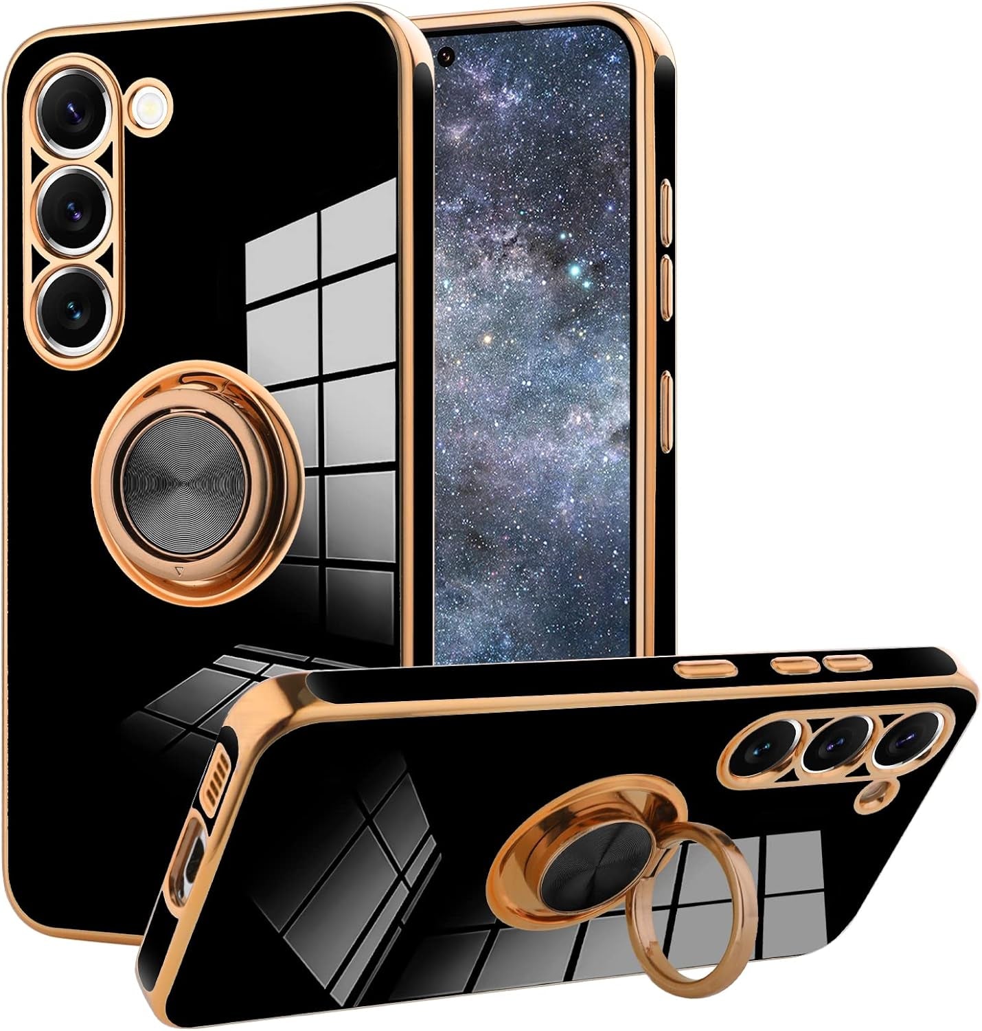 KANGHAR Compatible with Samsung Galaxy S23 5G Case for Women Girls, Plating Built-In 360 Rotation Magnetic Ring Kickstand Holder Soft Slim Shockproof Bumper Protective Cover (Blue)  KANGHAR Black Samsung Galaxy S23 Plus 