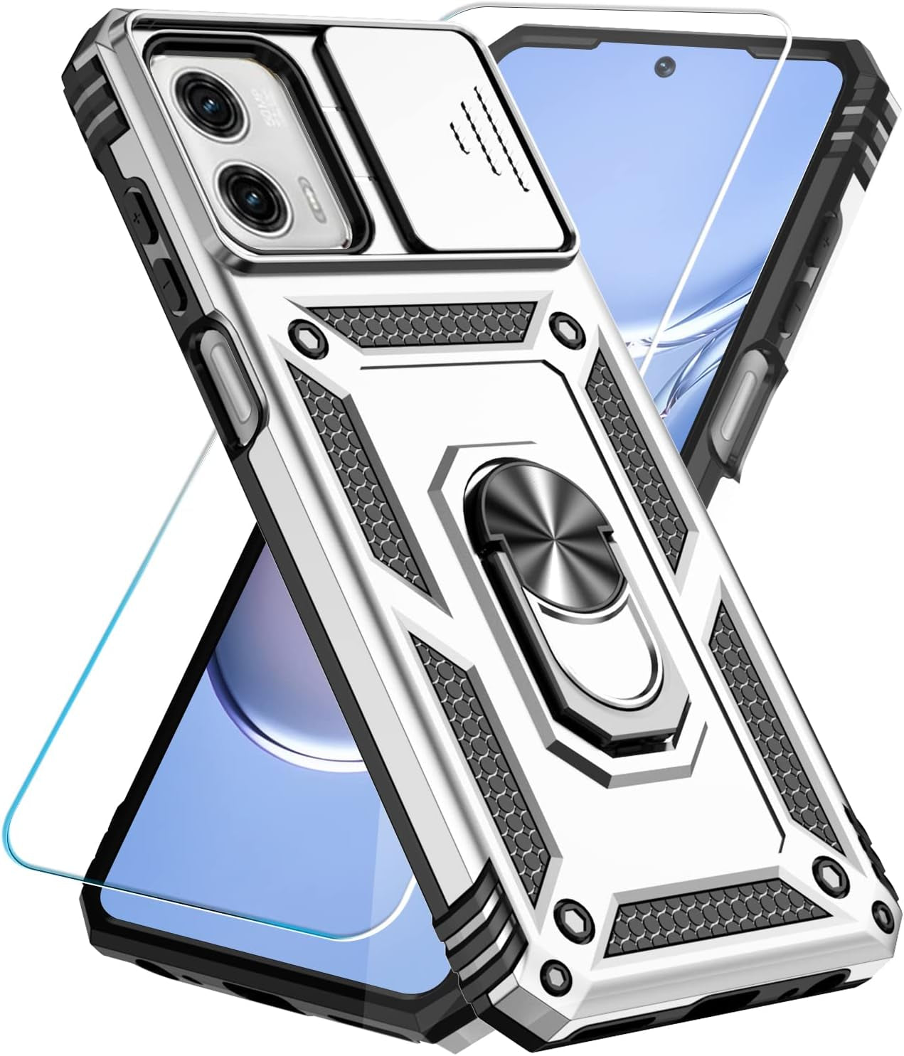 Sunstory for Motorola Moto G Power 5G 2023 Case with Tempered Glass Screen Protector & Slide Camera Cover & Kickstand, [Military-Grade] Phone Case for Moto G Power 5G 2023 (Gold)  SunStory Silver  