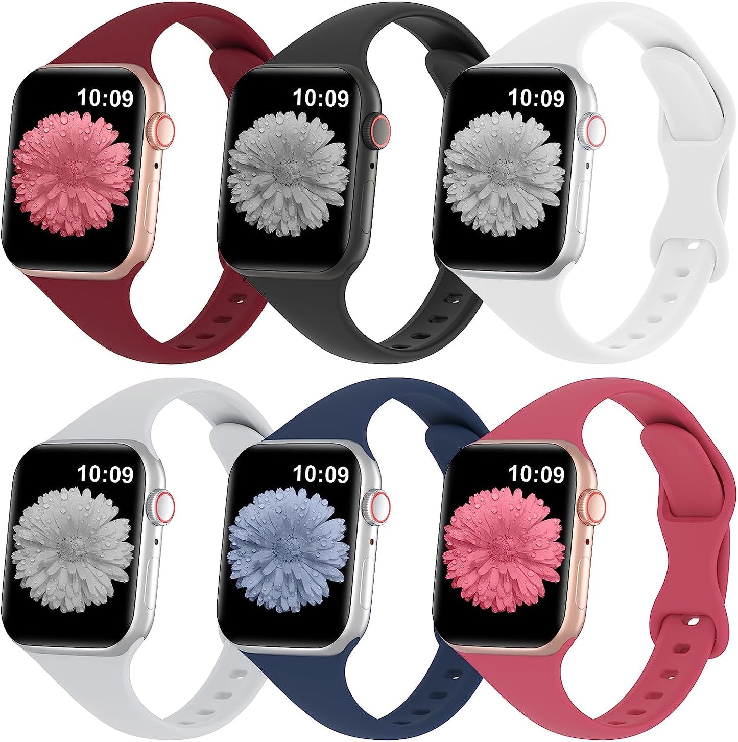 Slimband 6 Pack Slim Silicone Bands Compatible for Apple Watch Band 38Mm 40Mm 41Mm 42Mm 44Mm 45Mm 49Mm, Narrow Replacement Strap Thin Wristband for Iwatch Ultra Series 8/SE/7/6/5/4/3/2/1 Women Men  Slimband Wine Red/Black/White/Grey/Navy Blue/Hibiscus 42mm/44mm/45mm/49mm 