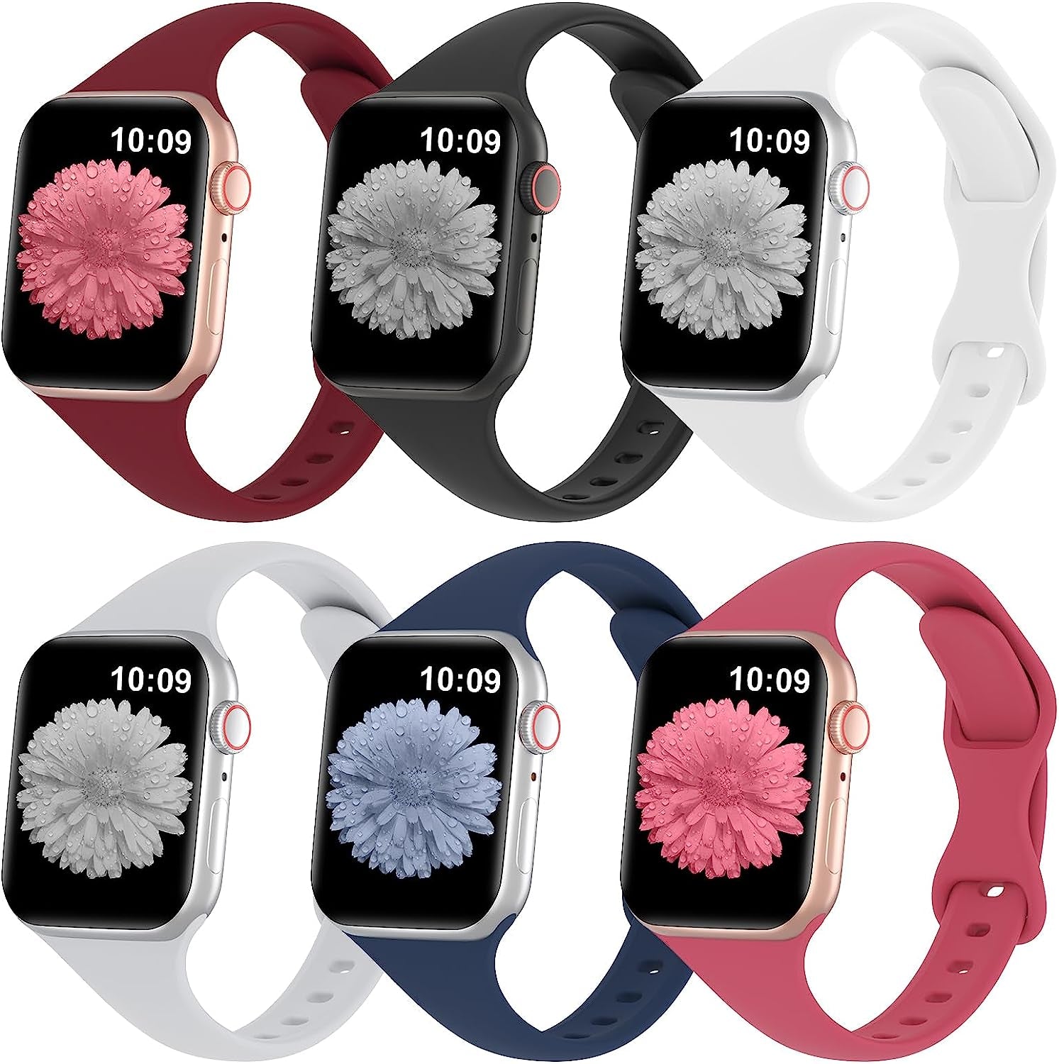 Slimband 6 Pack Slim Silicone Bands Compatible for Apple Watch Band 38Mm 40Mm 41Mm 42Mm 44Mm 45Mm 49Mm, Narrow Replacement Strap Thin Wristband for Iwatch Ultra Series 8/SE/7/6/5/4/3/2/1 Women Men  Slimband Wine Red/Black/White/Grey/Navy Blue/Hibiscus 42mm/44mm/45mm/49mm 