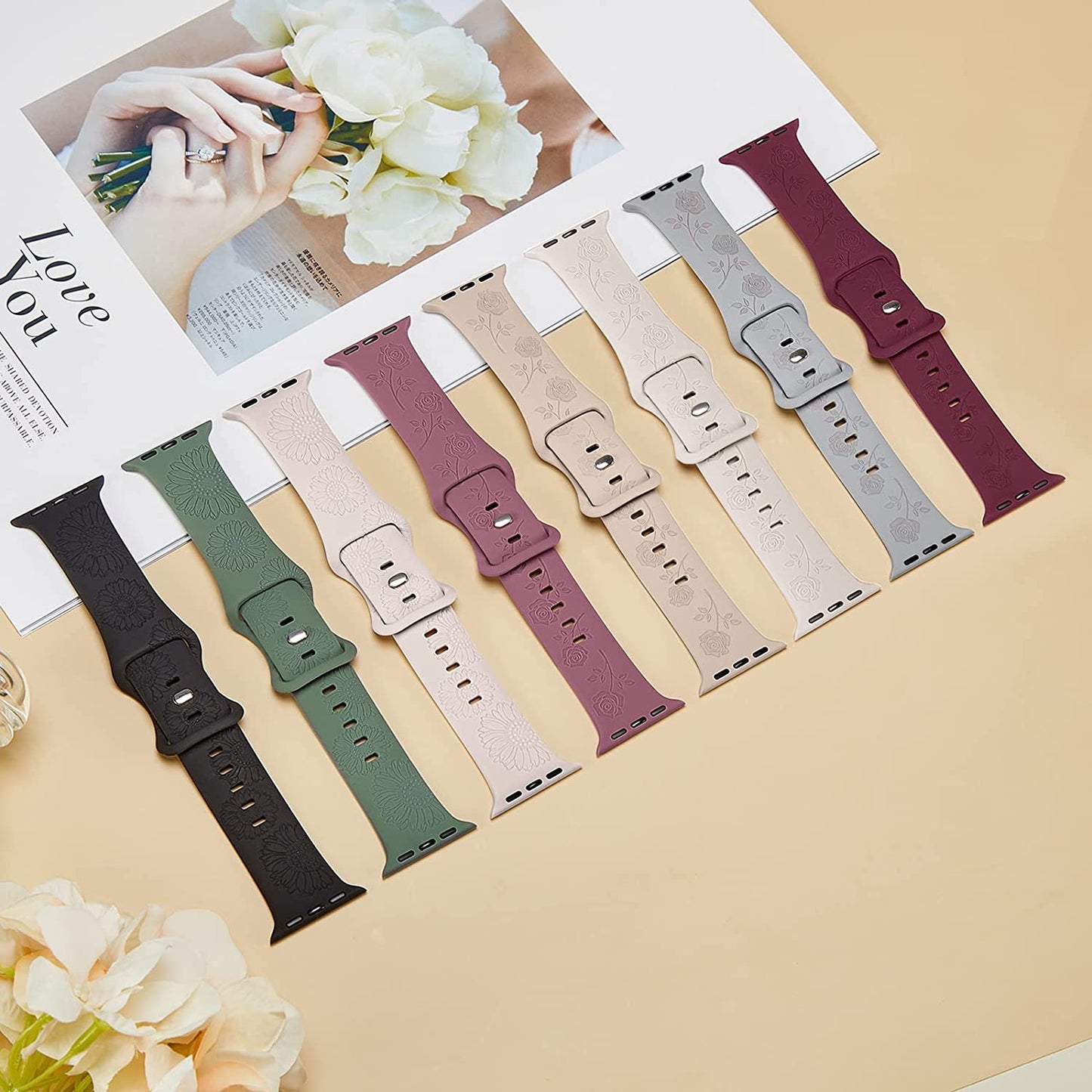 Flower Engraved Band Compatible with Apple Watch Bands 42Mm 44Mm 45Mm 49Mm for Women, Soft Sunflower Laser Silicone Wristbands Cute Sport Straps for Iwatch Series 8/7/Se/6/5/4/3/2/1/Ultra  Butifacion   