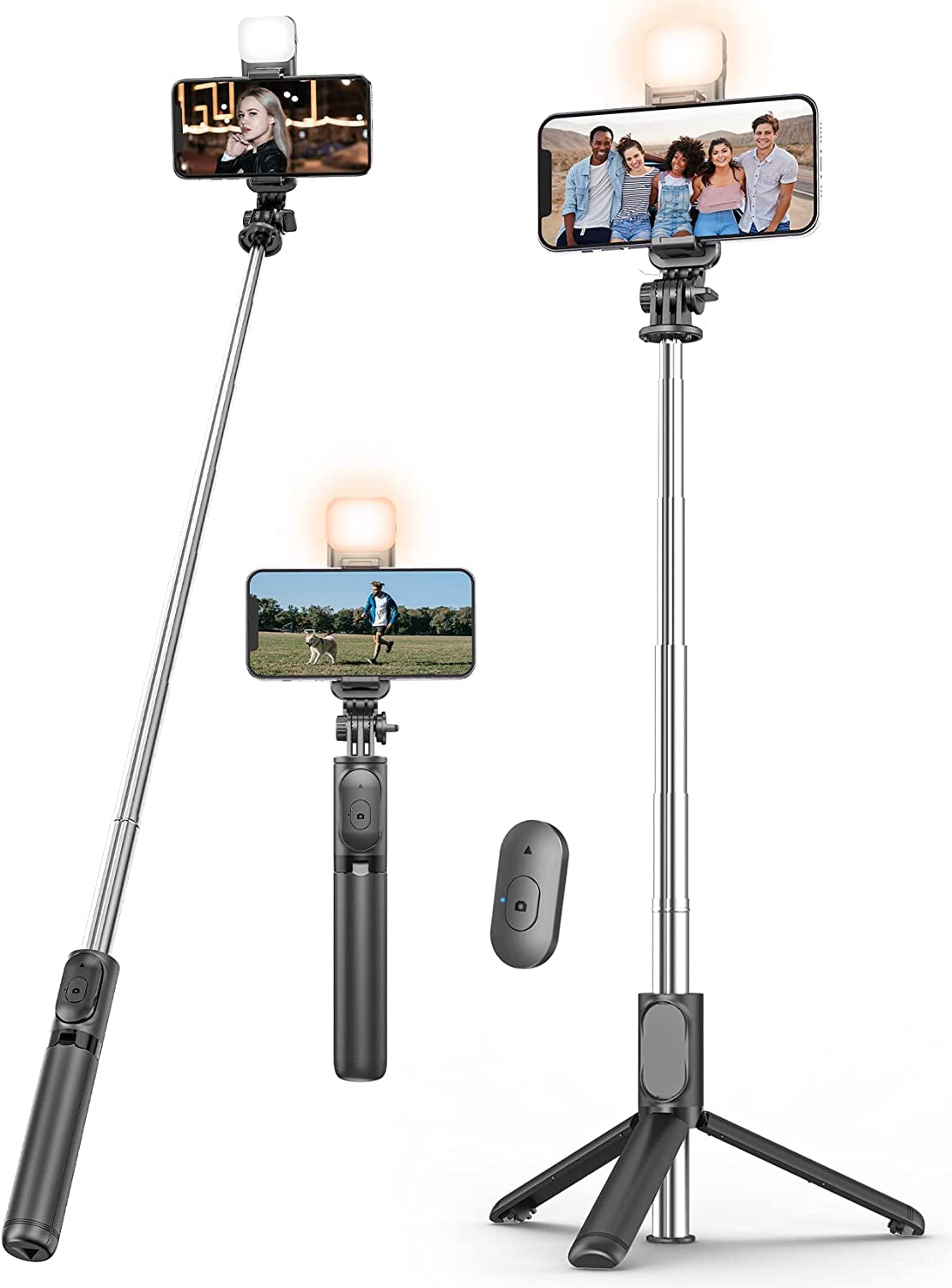 Selfie Stick Tripod with Detachable Wireless Remote, 4 in 1 Extendable Portable Selfie Stick & Phone Tripod Stand Compatible with Gopro, Iphone/Samsung/Huawei, Etc.  kzomKzoo Black-with-light  