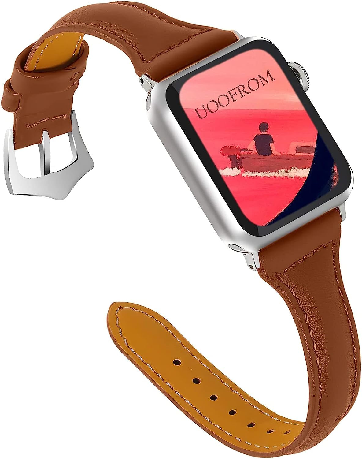Slim Leather Band Compatible with Apple Watch 42Mm 44Mm for Women, Genuine Leather Thin Wristband Replacement Strap for Iwatch Series SE /6 /5 /4 /3 /2 /1 / Sport Edition (Brown, 42/44Mm)  UOOFROM   