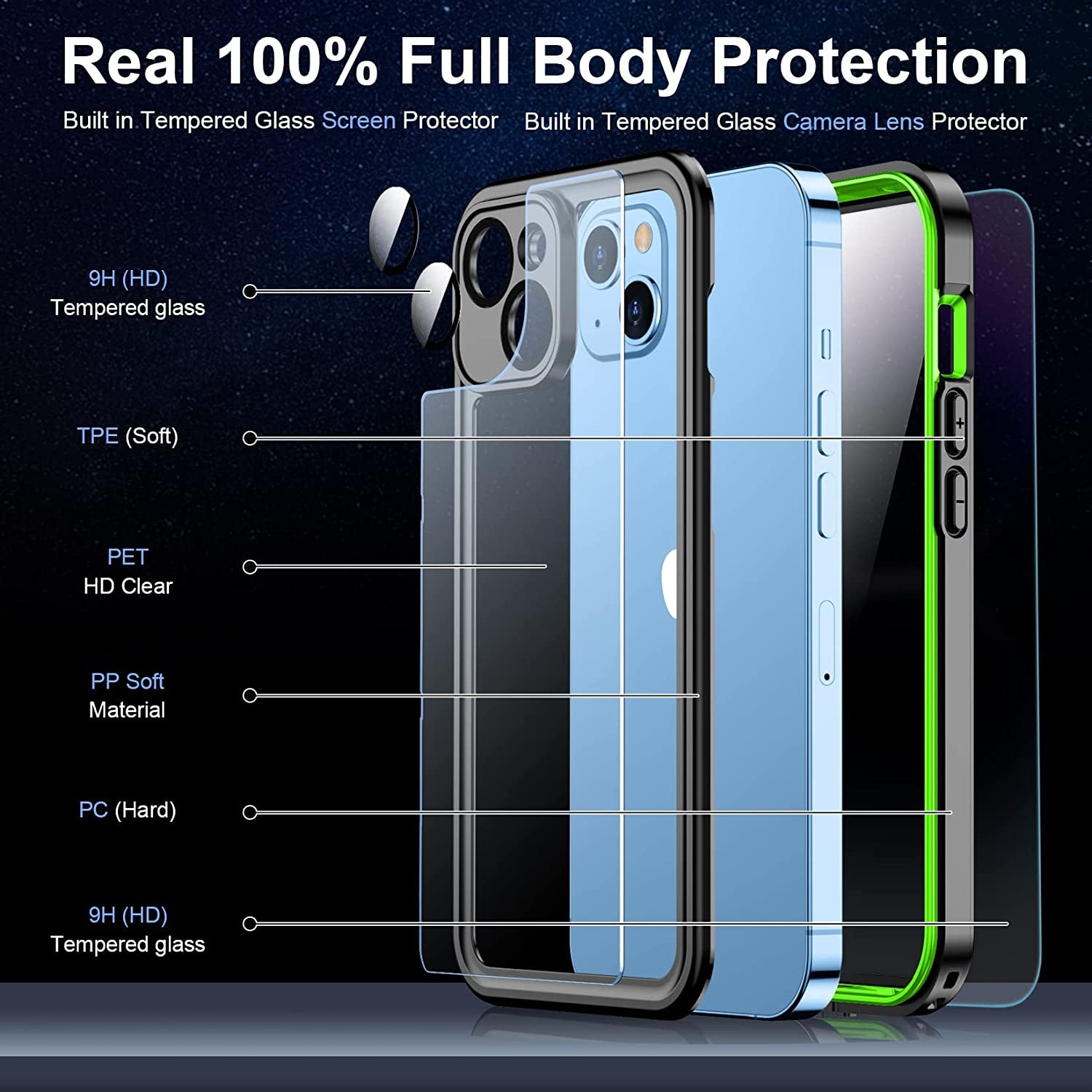 Temdan [Real 360 for Iphone 14 Case Waterproof, Built-In 9H Tempered Glass Camera Lens & Screen Protection [14FT Military Dropproof][Full-Body Shockproof][Dustproof][Ip68 Underwater] Phone Case Green  Temdan   