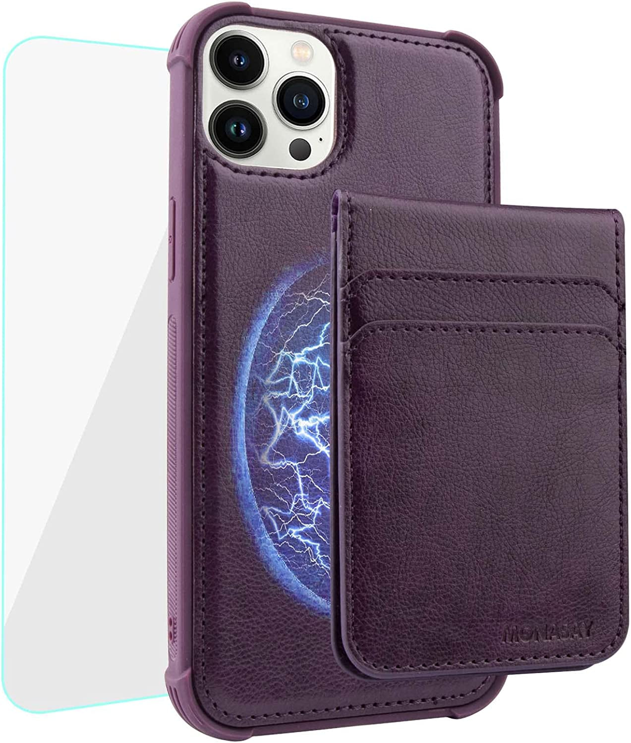 MONASAY Magwallet Case for Iphone 13 Pro Max,[Support Magsafe Wireless Charging][Glass Screen Protector] Flip Magnetic Leather Wallet Phone Cover with Detachable RFID Blocking Card Holder, Dark Green  MONASAY Purple  