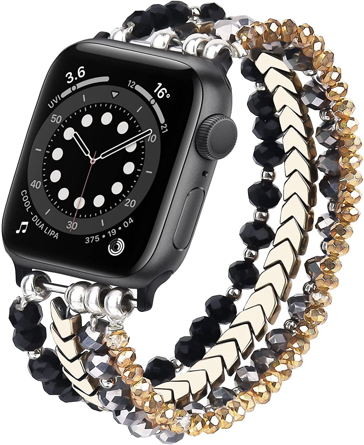 MOFREE Beaded Bracelet Compatible for Apple Watch Band 38Mm 40Mm 41Mm 42Mm 44Mm 45Mm Women,Fashion Handmade Elastic Stretch Strap for Iwatch Series SE 8 7 6 5 4 3 2 1  MOFREE Black/Gray/Gold 42mm/44mm/45mm-M/L(6"-6.9"） 