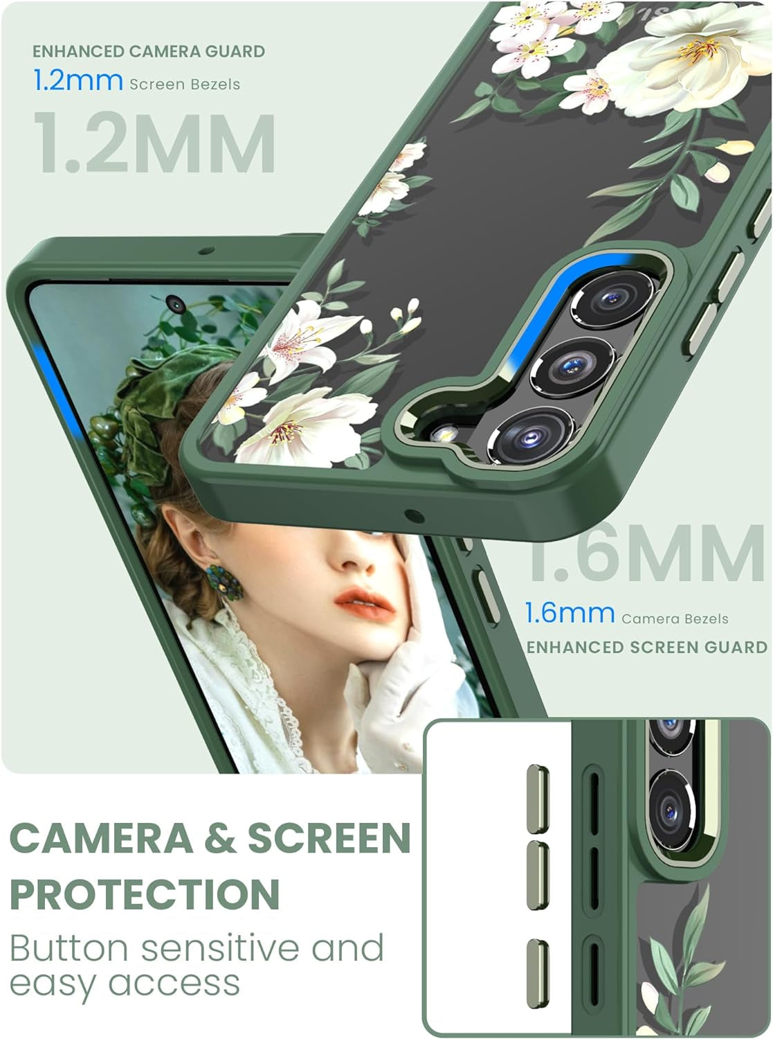 Dretal for Samsung Galaxy S22 5G Case Floral, Military Grade Drop Tested Hard Back & Soft Edge Slim Flower Women Girls Phone Protective Cover + Tempered Glass Screen Protector for Galaxy S22 (Green)  Dretal   