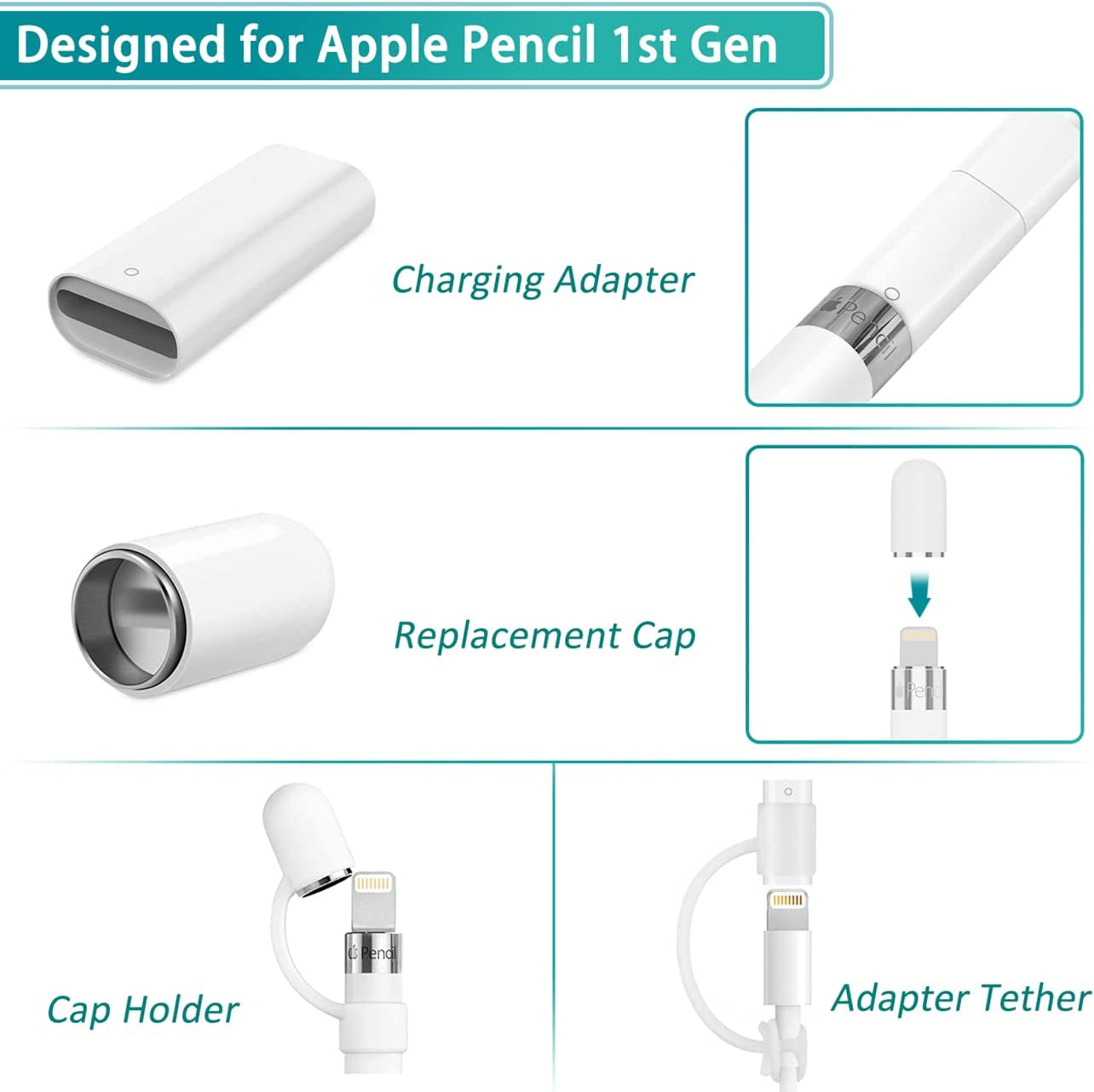 Charger Adapter and Magnetic Replacement Cap for Apple Pencil 1St Generation (Accessories with Adapter Tether and Silicone Protective Cap Holder Compatible with Apple Pen 1St Gen)  Hiicopa   