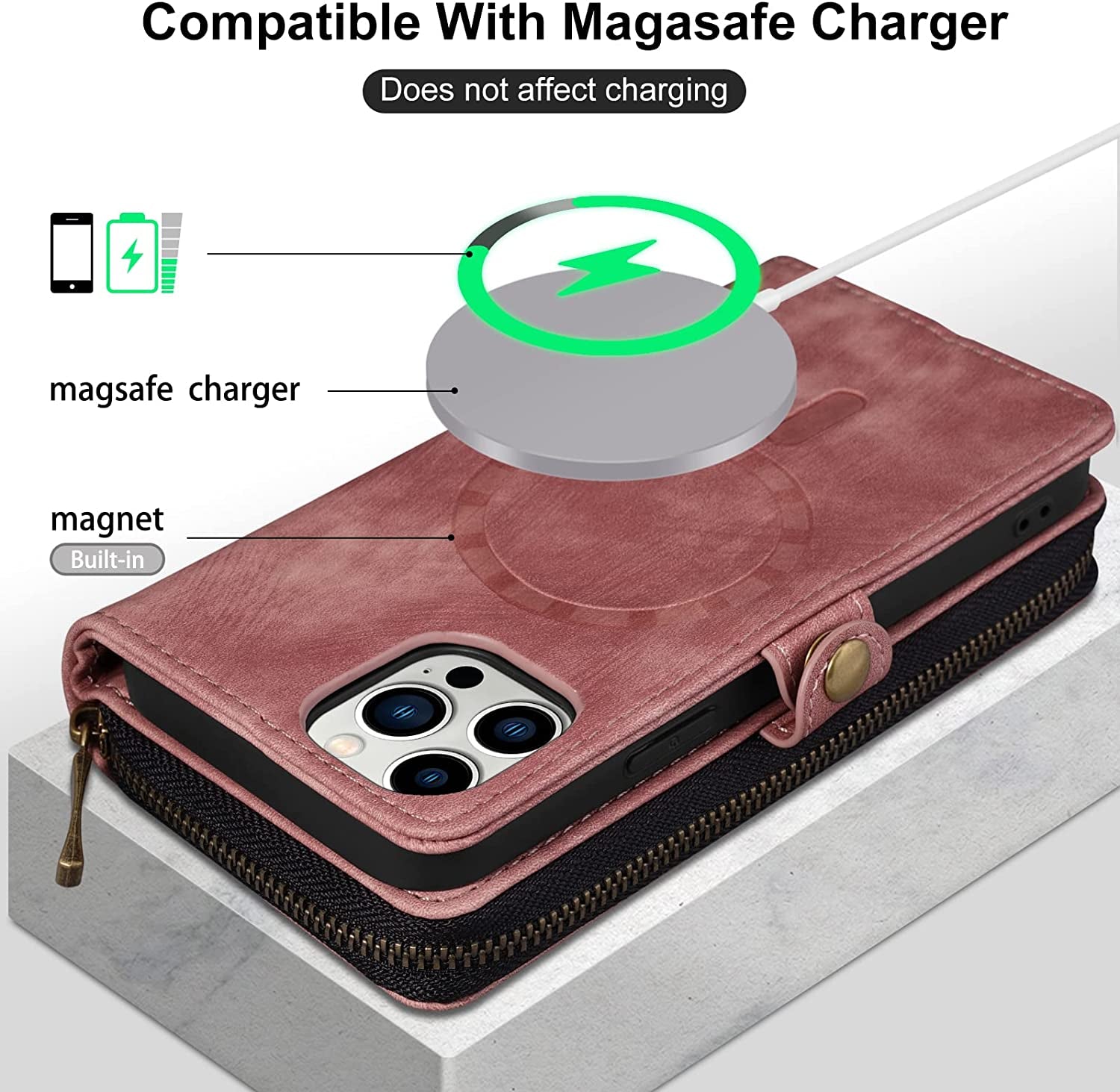 Rssviss for Iphone 12/12 Pro Case Wallet Cover for Women Men, 《RFID Blocking》《Magsafe》Credit Card Holder Leather Strap Zipper Wristlet Iphone 12 Pro Case with Magnetic Shockproof 6.1" Vintage Pink  Rssviss   