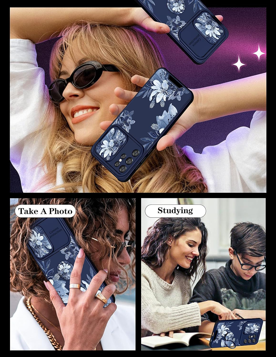 Goocrux for Samsung Galaxy S21 Ultra Case Floral Flowers for Women Girls Cute Girly Phone Cover Blue Flower Plants Design with Slide Camera Cover and Ring Holder Fashion Cases for S21 Ultra 6.8''  Goocrux   