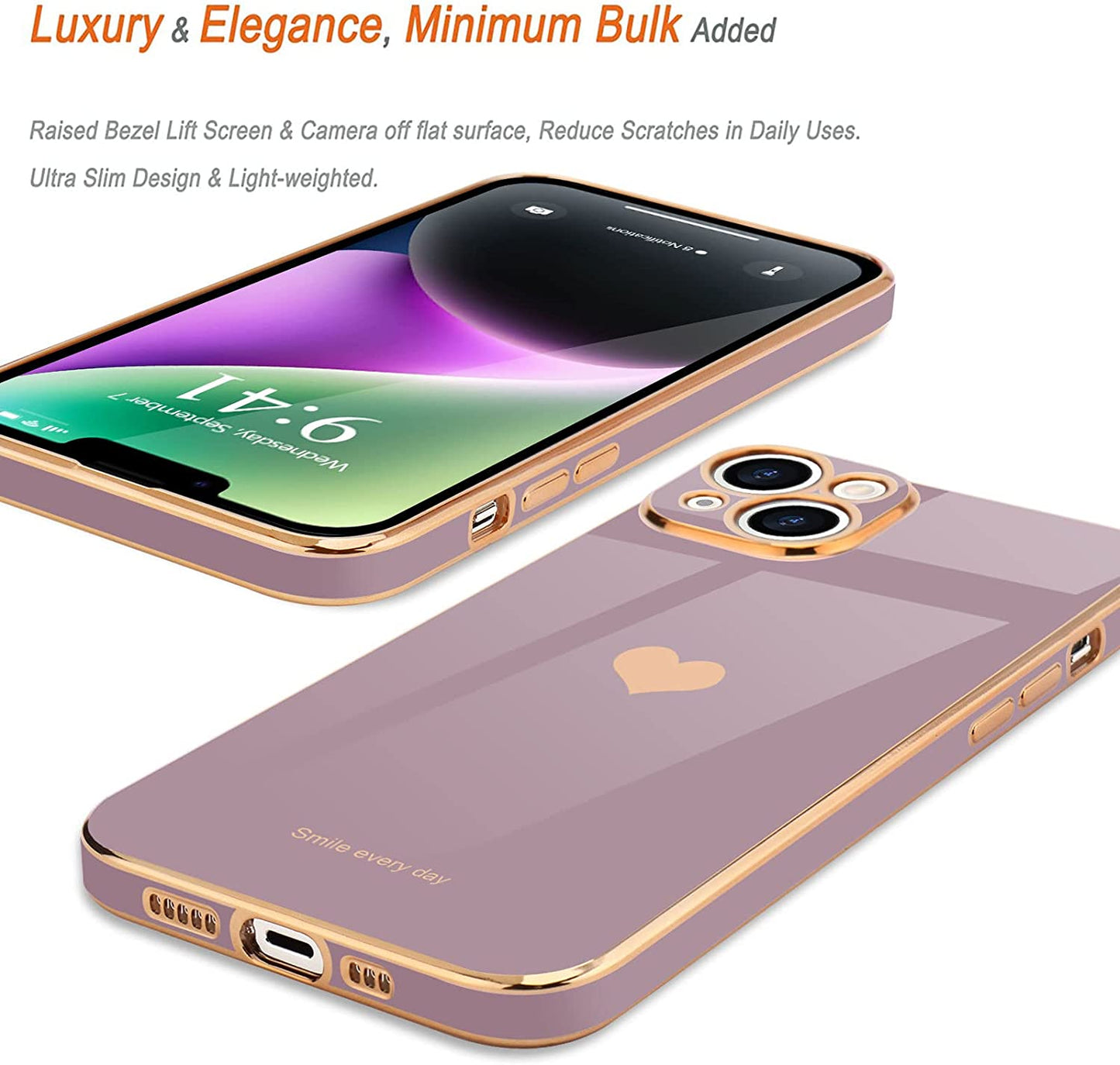 Teageo for Iphone 14 Case for Women Girl Cute Love Heart Luxury Electroplate Plating Soft Bling Back Cover Raised Full Camera Protection Bumper Silicone Shockproof Phone Case for Iphone 14, Lavender  janzee   