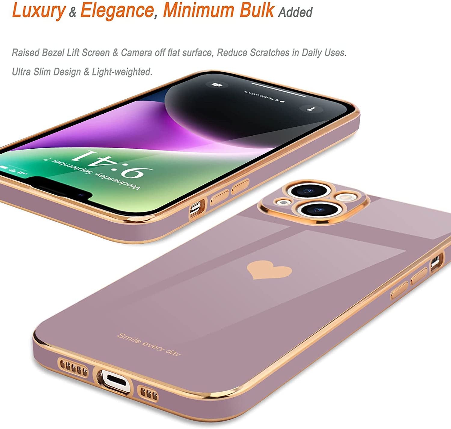 Teageo for Iphone 14 Case for Women Girl Cute Love Heart Luxury Electroplate Plating Soft Bling Back Cover Raised Full Camera Protection Bumper Silicone Shockproof Phone Case for Iphone 14, Lavender  janzee   