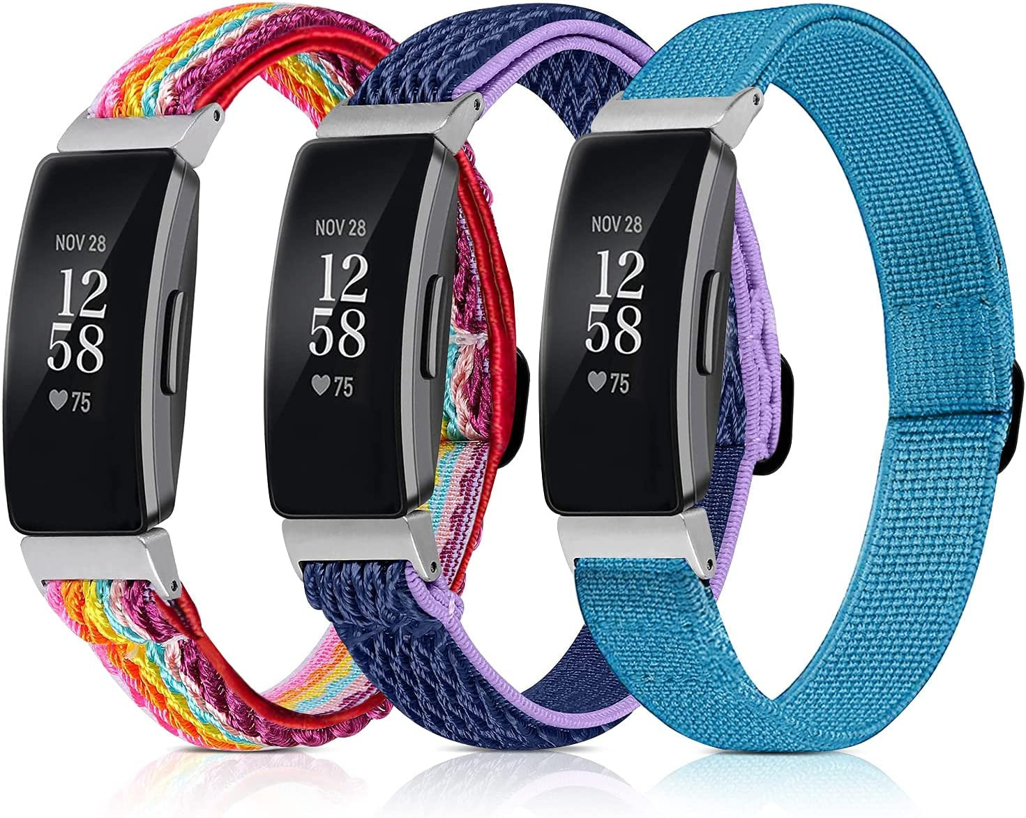 3 Pack Adjustable Fitbit Inspire 2 Bands, Compatible with Fitbit Inspire 2 / Inspire Hr/Inspire, Soft Loop Nylon Fabric Breathable Stretchy Replacement Straps for Women/Men  POHNUI Red + Lake Blue + Purple Blue  
