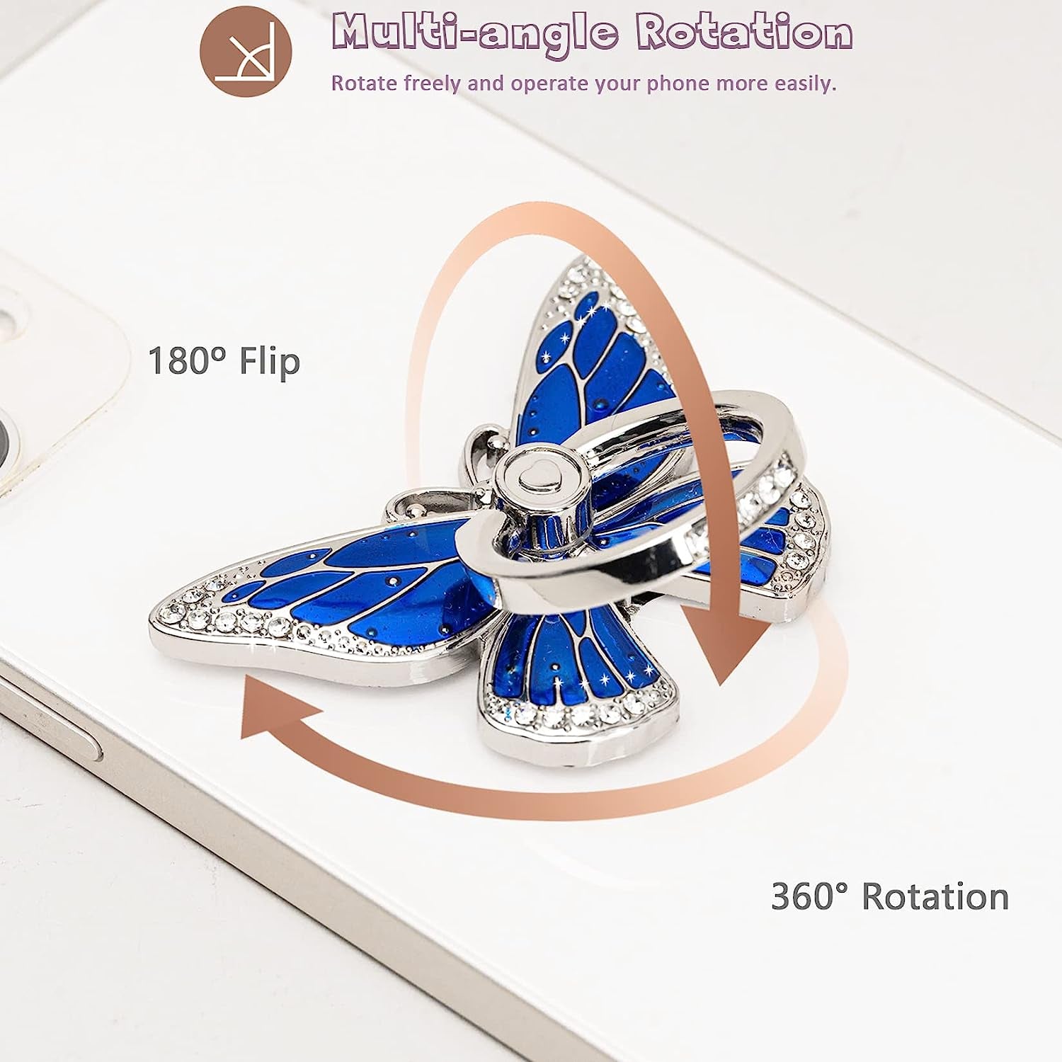 Butterfly Cell Phone Ring Grip Holder Stand, 360°Rotation Metal Finger Kickstand, Compatible with Iphone, Samsung Galaxy, and Smartphone, Sapphire Blue  Doflyesky   