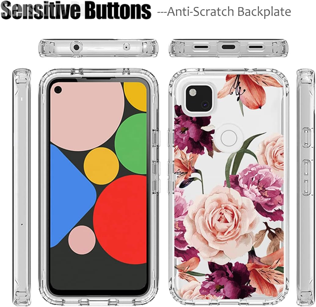 Ueokeird Case for Google Pixel 4A (Not Fit 4A 5G) G025J Case with Tempered-Glass Screen Protector, Cute Clear Floral Pattern Full Body Protective Phone Cover Cases for Google Pixel 4A (Purple Flower)  Ueokeird   