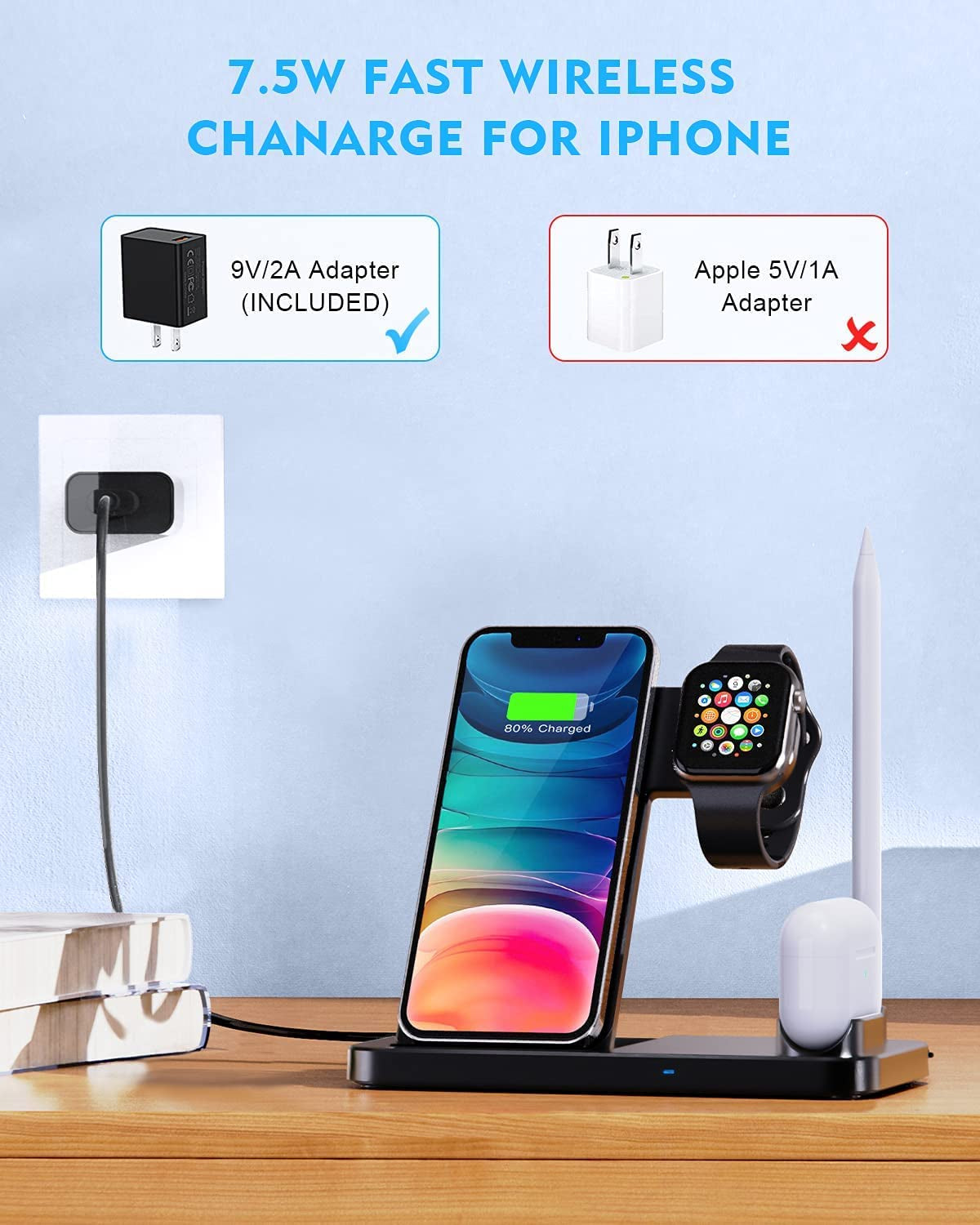 Wireless Charging Station - 4 in 1 Wireless Charger Charging Stand Compatible with Iphone 14 plus Pro Max 13 Pro Max 12 Pro Max SE 11Pro X XR Xs Max 8 plus - Apple Watch Series Airpods 1 2 3 Pro  ESTAVEL   