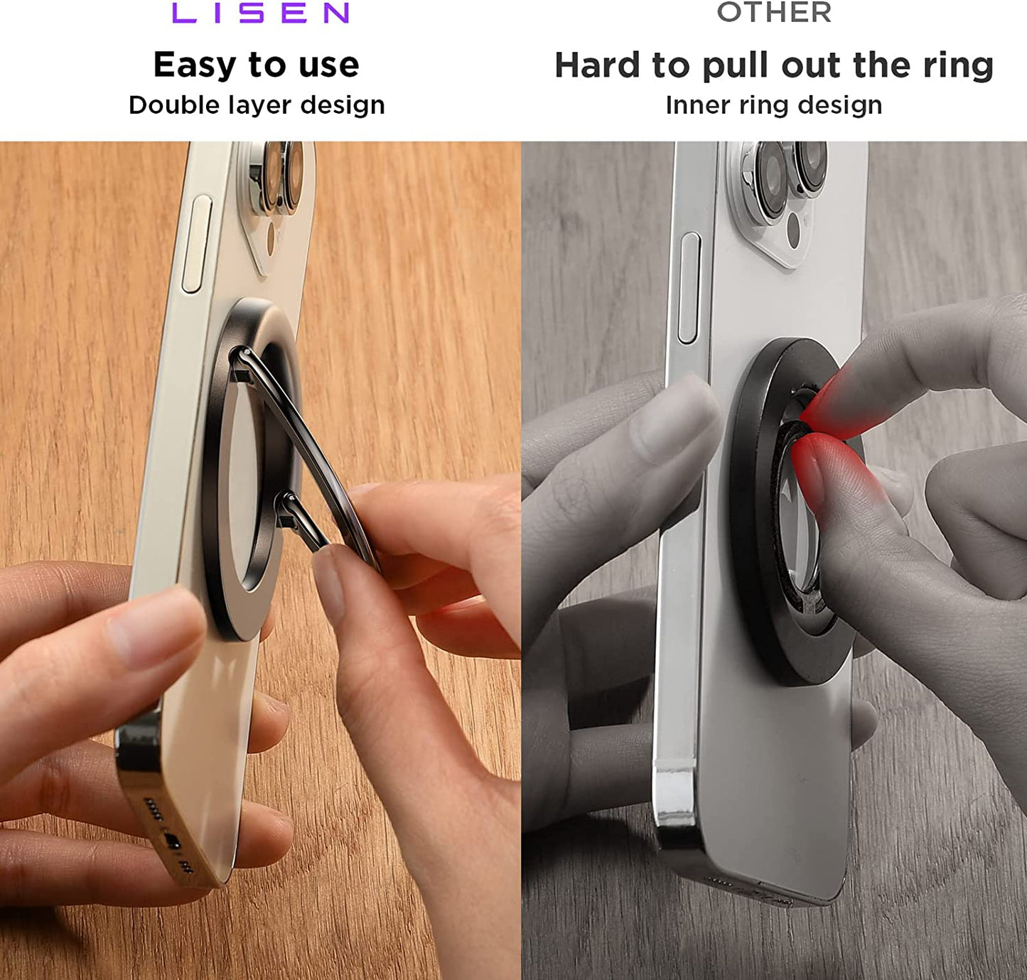 LISEN Magnetic Phone Ring Holder Cell Phone Grip for Back of Phone Gripper Loop Finger Holder Adjustable Kickstand Only for Magsafe Iphone 14 13 13 Pro 13 Mini 13 Pro Max 12 12 Pro 12 Mini - Grey  LISEN   